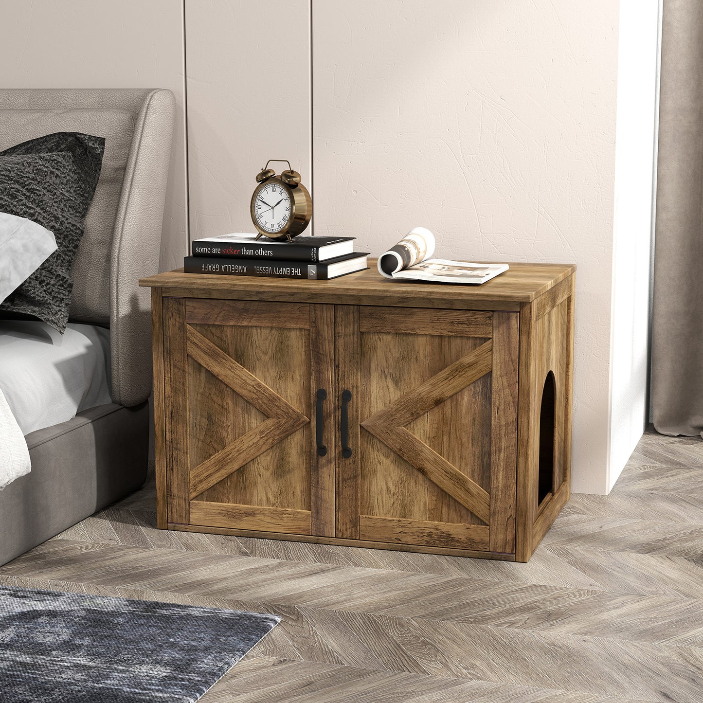 Flip Top Hidden Cat Washroom Furniture with Double Barn Doors Removable Divider and Middle Entry, Oak Cat Houses at Gallery Canada