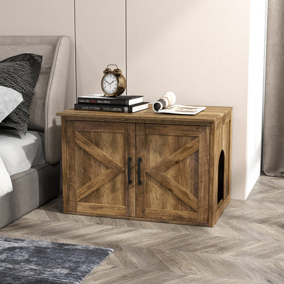 Flip Top Hidden Cat Washroom Furniture with Double Barn Doors Removable Divider and Middle Entry, Oak Cat Houses at Gallery Canada