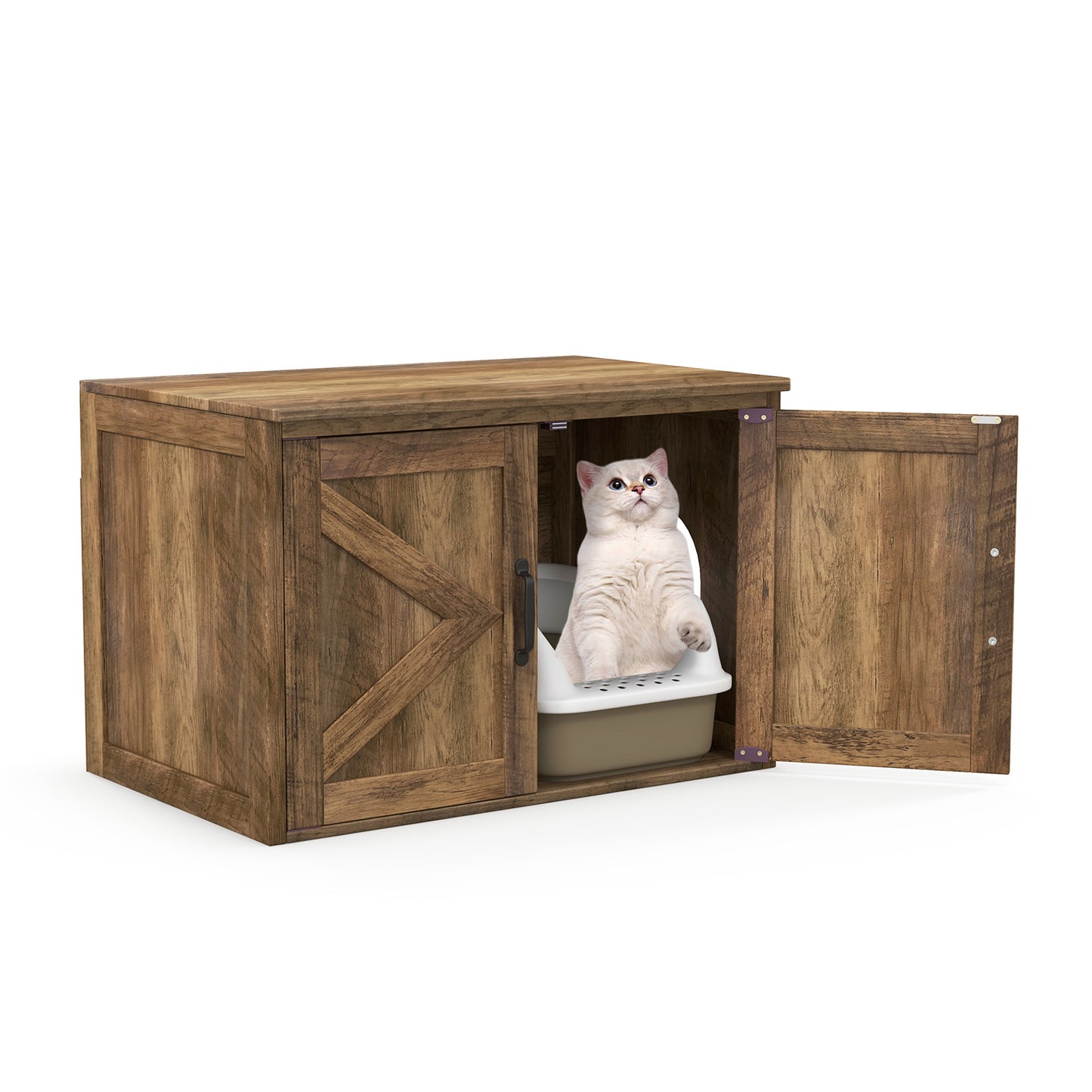 Flip Top Hidden Cat Washroom Furniture with Double Barn Doors Removable Divider and Middle Entry, Oak Cat Houses Oak at Gallery Canada