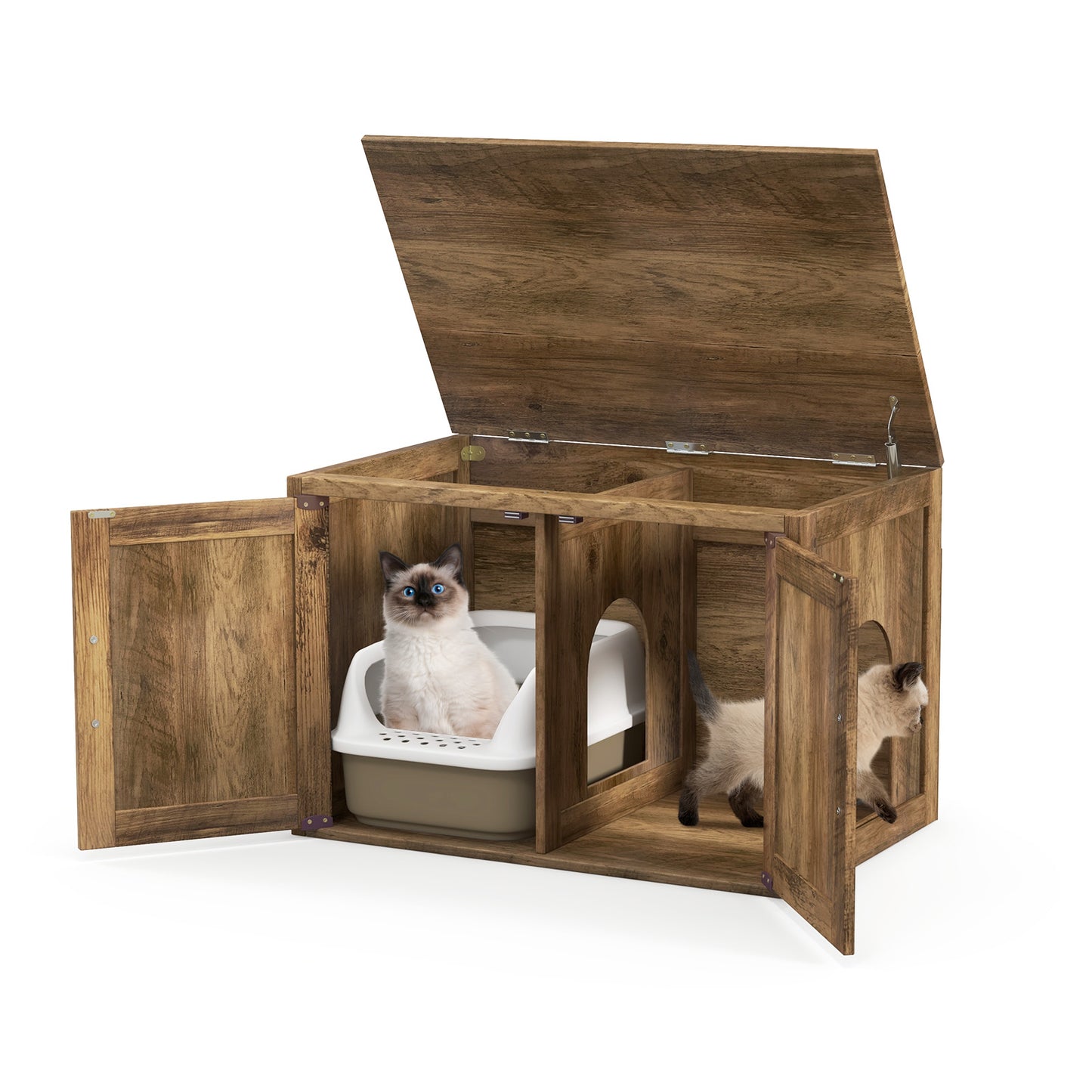 Flip Top Hidden Cat Washroom Furniture with Double Barn Doors Removable Divider and Middle Entry, Oak Cat Houses at Gallery Canada