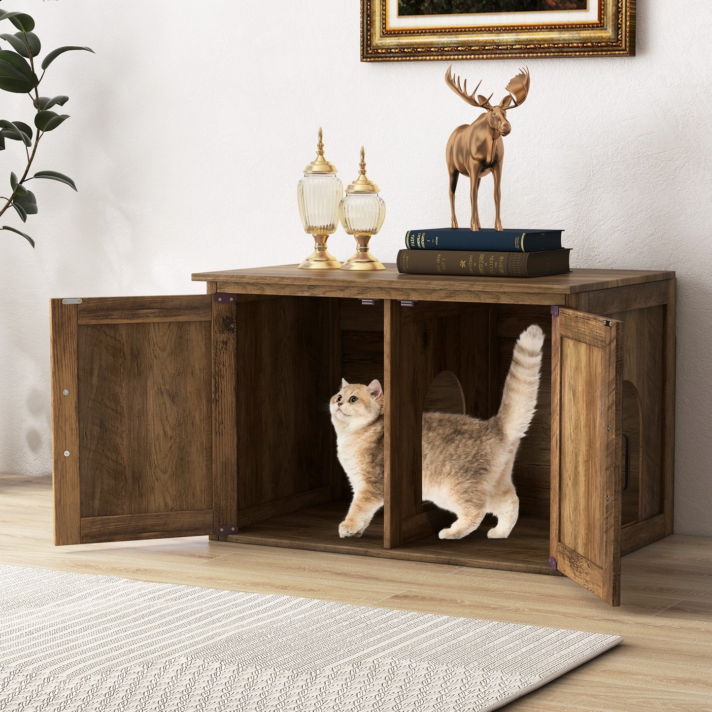 Flip Top Hidden Cat Washroom Furniture with Double Barn Doors Removable Divider and Middle Entry, Oak Cat Houses at Gallery Canada