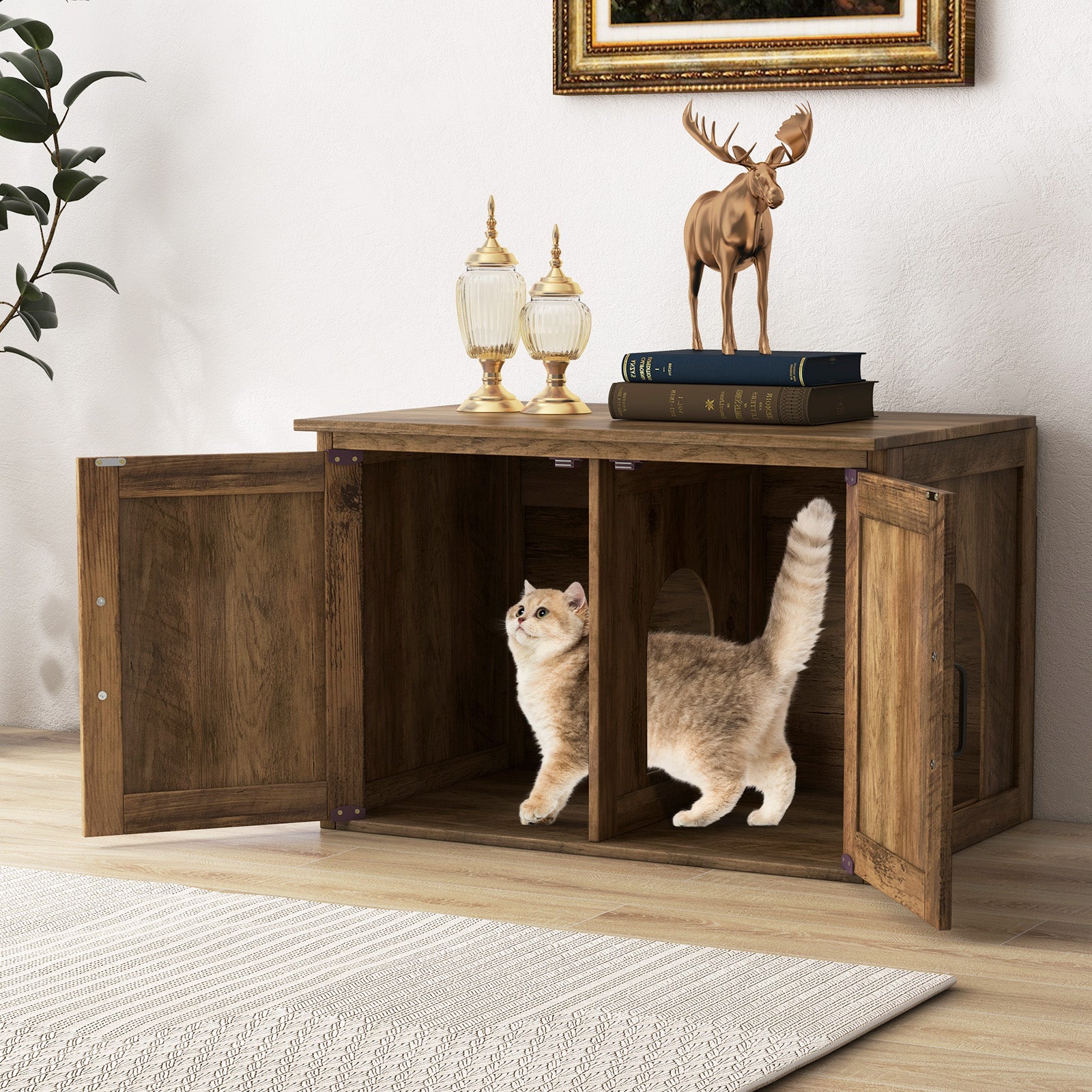 Flip Top Hidden Cat Washroom Furniture with Double Barn Doors Removable Divider and Middle Entry, Oak Cat Houses at Gallery Canada