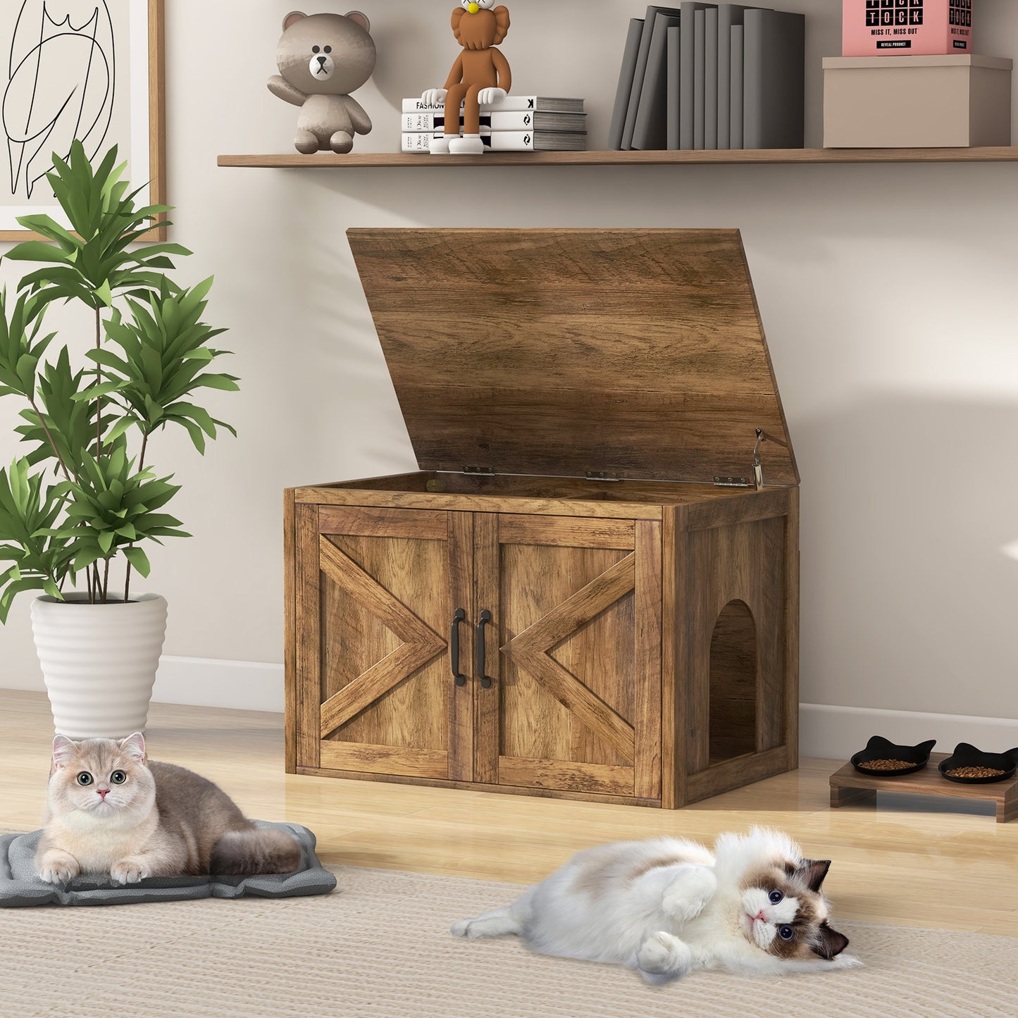 Flip Top Hidden Cat Washroom Furniture with Double Barn Doors Removable Divider and Middle Entry, Oak Cat Houses at Gallery Canada