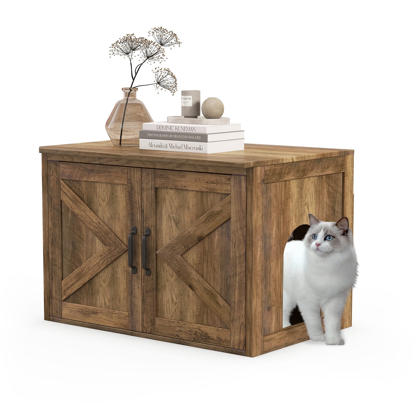 Flip Top Hidden Cat Washroom Furniture with Double Barn Doors Removable Divider and Middle Entry, Oak Cat Houses at Gallery Canada
