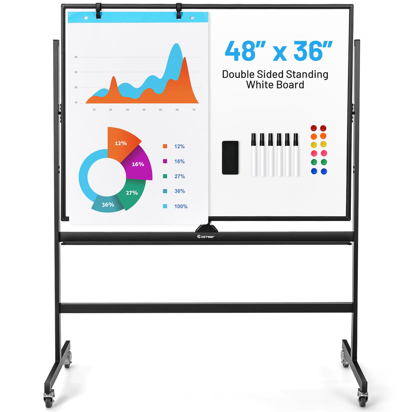 48 x 36 Inch Mobile Magnetic Double-Sided Reversible Whiteboard Height Adjust, Black & White Home Office at Gallery Canada