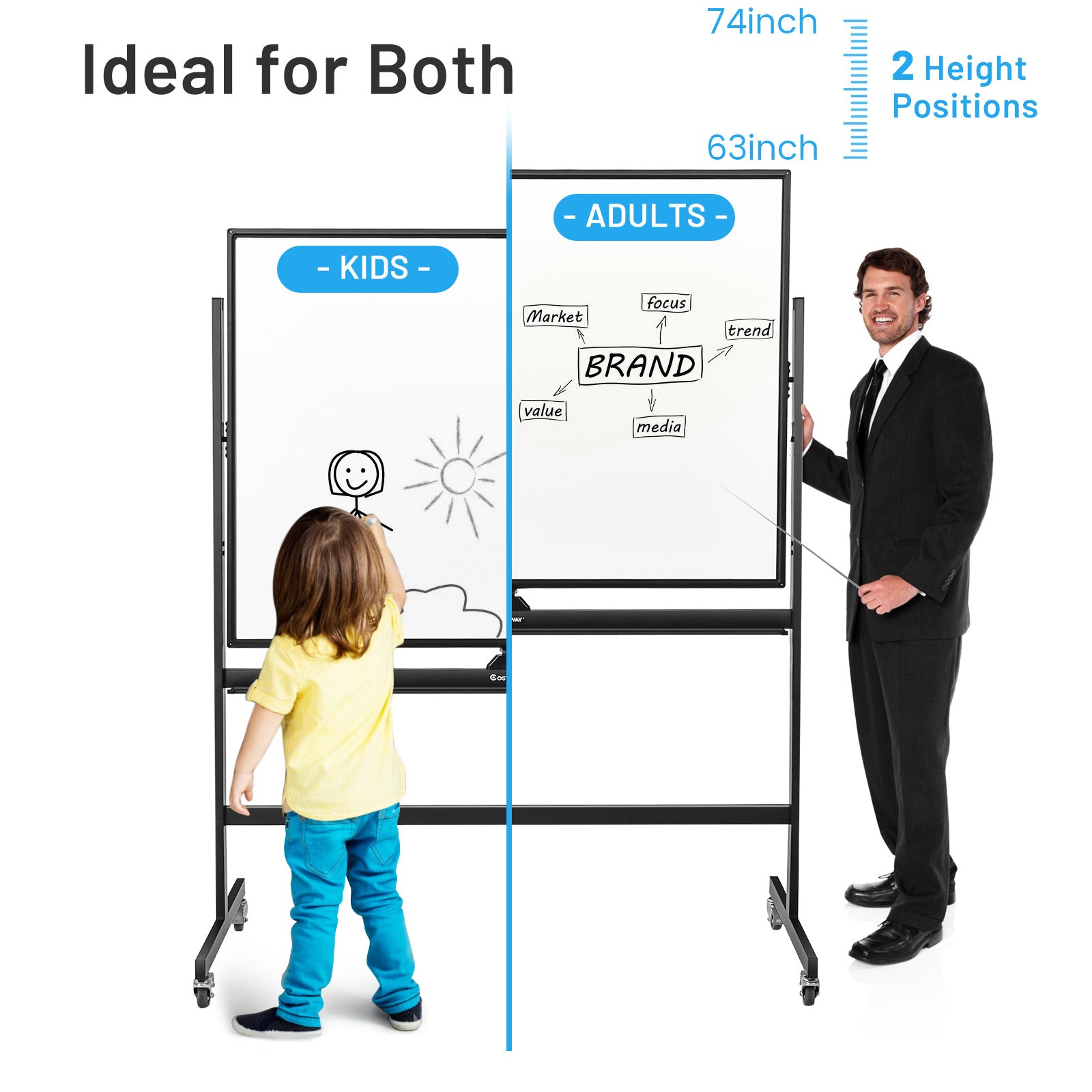48 x 36 Inch Mobile Magnetic Double-Sided Reversible Whiteboard Height Adjust, Black & White Home Office at Gallery Canada