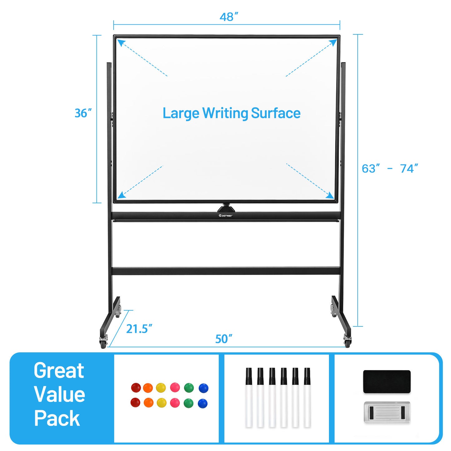 48 x 36 Inch Mobile Magnetic Double-Sided Reversible Whiteboard Height Adjust, Black & White Home Office at Gallery Canada
