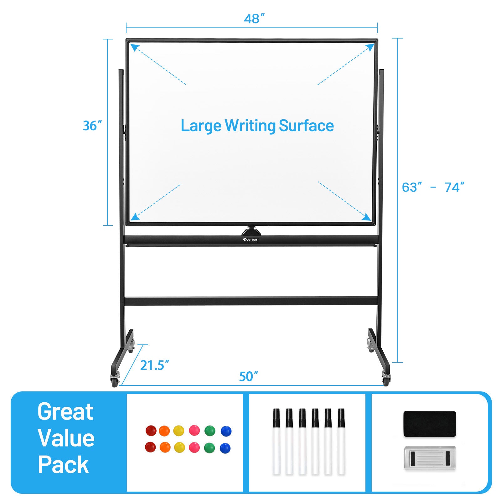 48 x 36 Inch Mobile Magnetic Double-Sided Reversible Whiteboard Height Adjust, Black & White Home Office at Gallery Canada