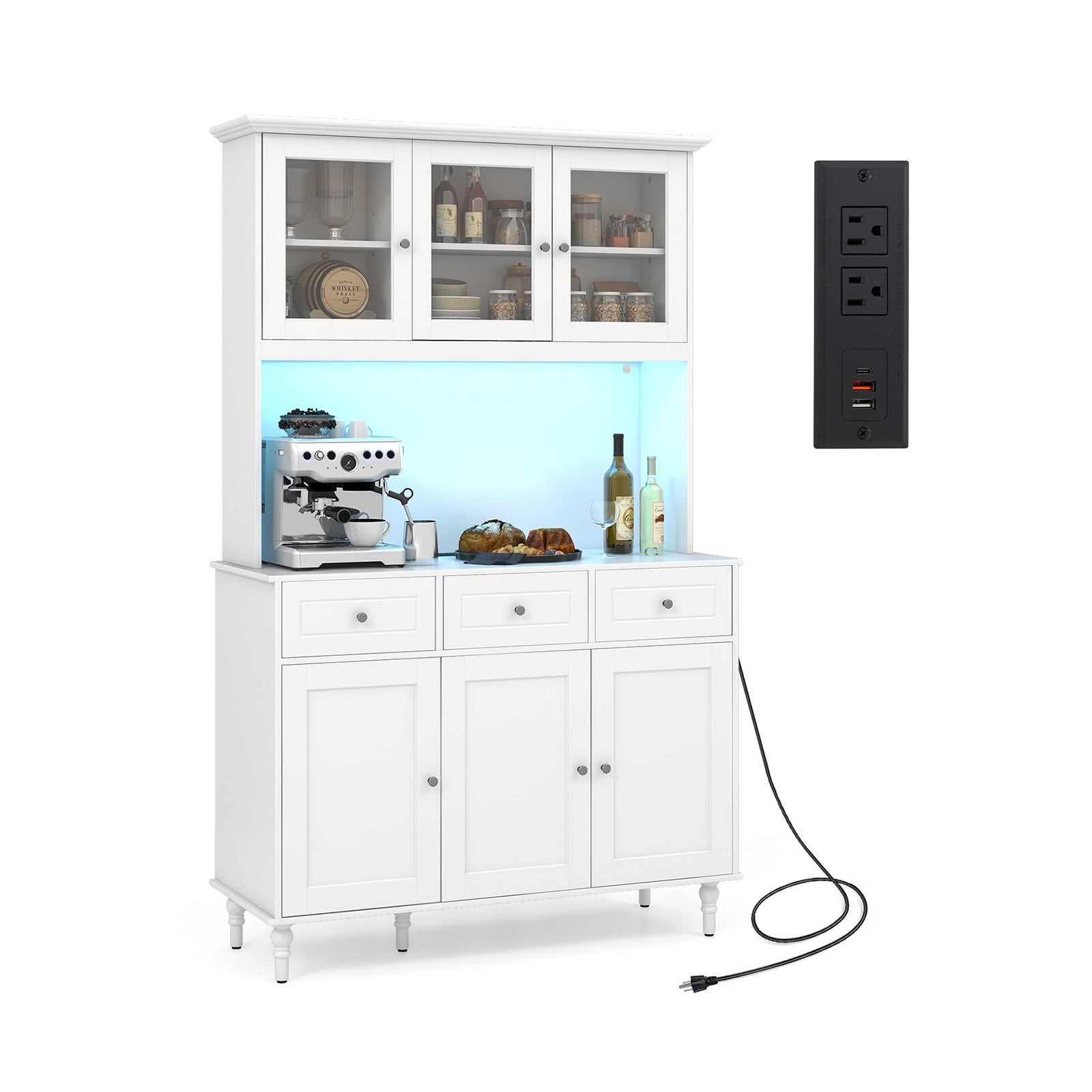 77 Inches Kitchen Pantry Storage Cabinet with LED Lights and Power Outlets, White Kitchen Organization at Gallery Canada