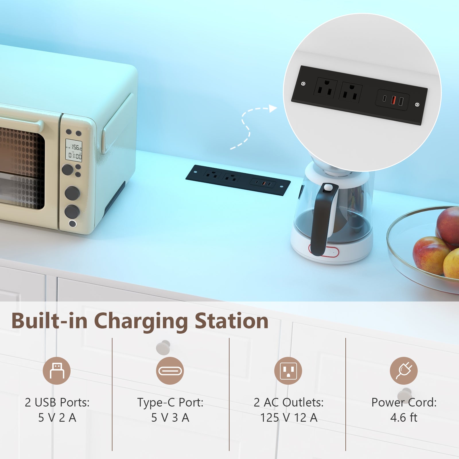 77 Inches Kitchen Pantry Storage Cabinet with LED Lights and Power Outlets, White Kitchen Organization at Gallery Canada