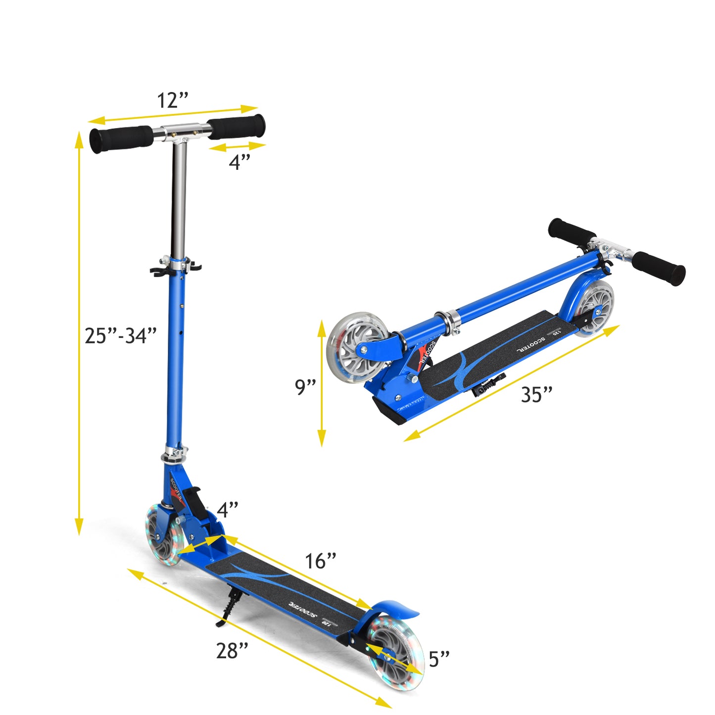 Folding Aluminum Kids Kick Scooter with LED Lights, Blue Scooters at Gallery Canada