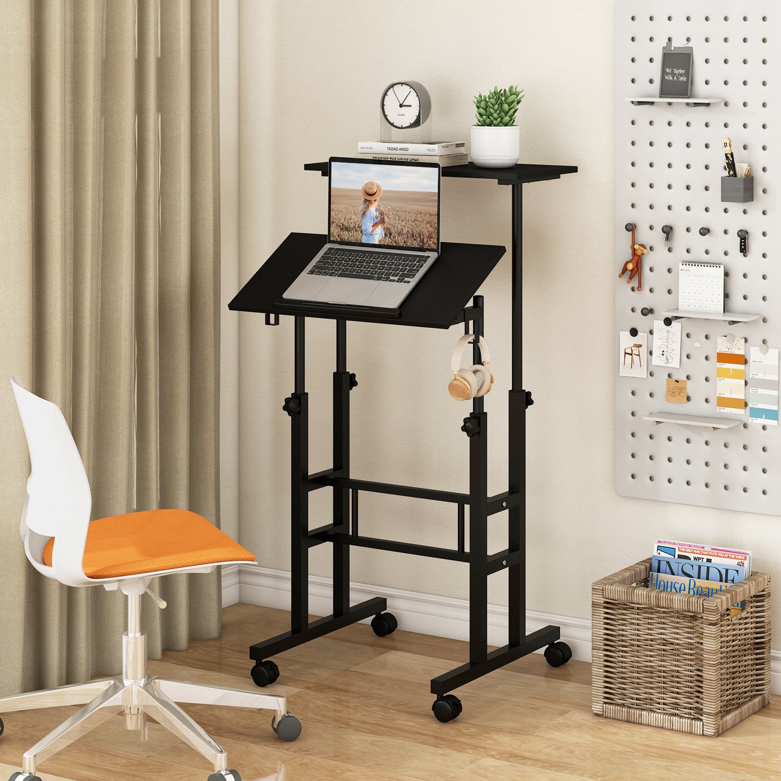 Height Adjustable Mobile Standing Desk with Rolling Wheels for Office and Home, Black Laptop Tables & Printer Stands at Gallery Canada