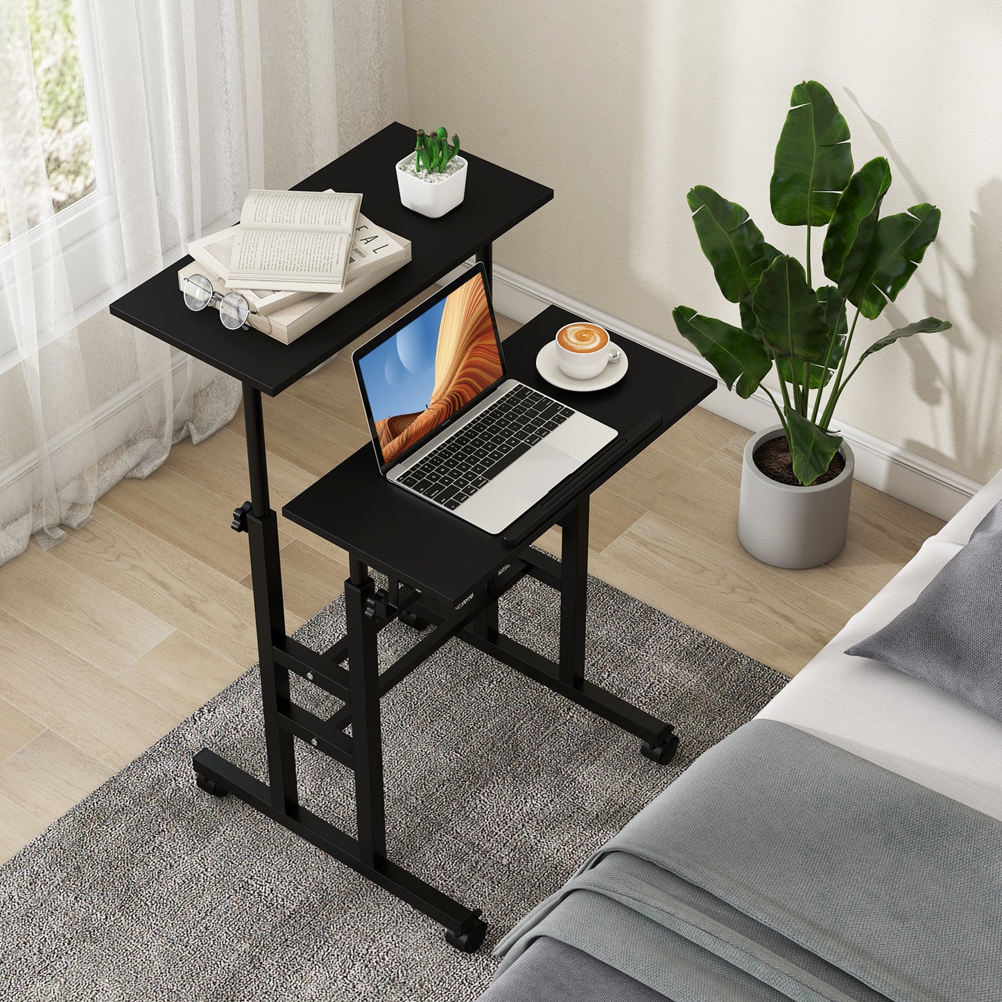 Height Adjustable Mobile Standing Desk with Rolling Wheels for Office and Home, Black Laptop Tables & Printer Stands at Gallery Canada
