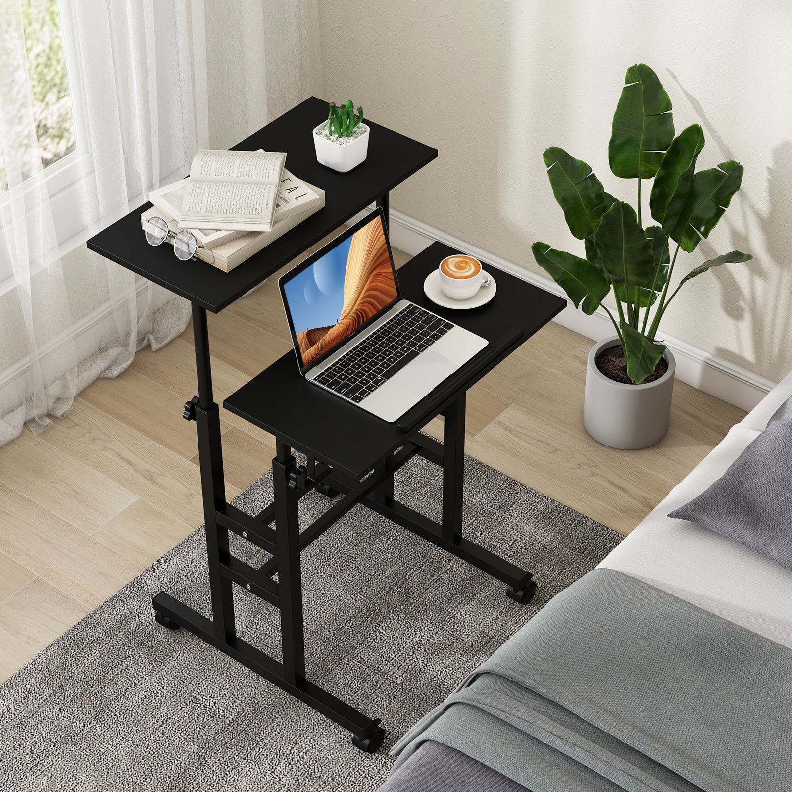 Height Adjustable Mobile Standing Desk with Rolling Wheels for Office and Home, Black Laptop Tables & Printer Stands at Gallery Canada