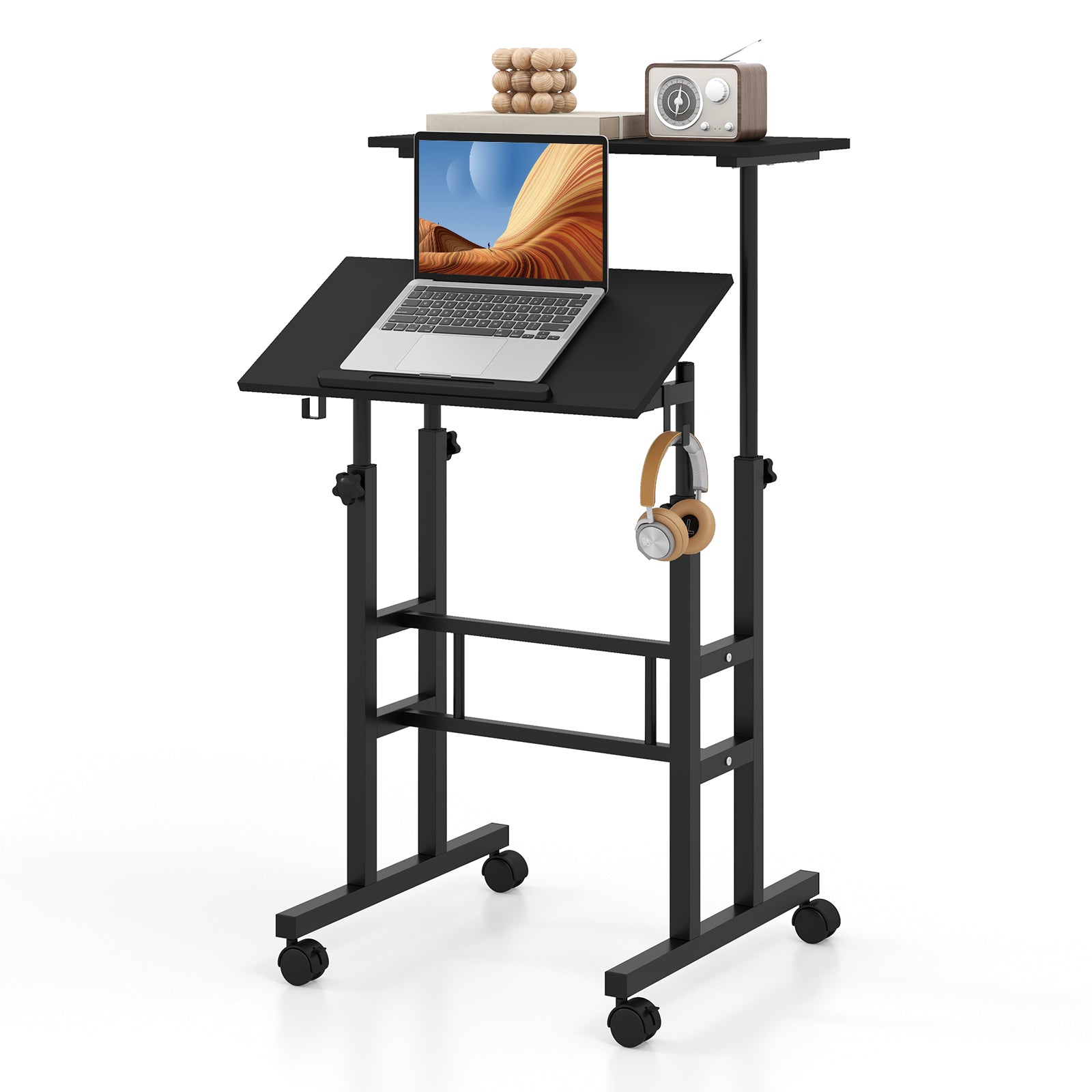 Height Adjustable Mobile Standing Desk with Rolling Wheels for Office and Home, Black Laptop Tables & Printer Stands at Gallery Canada