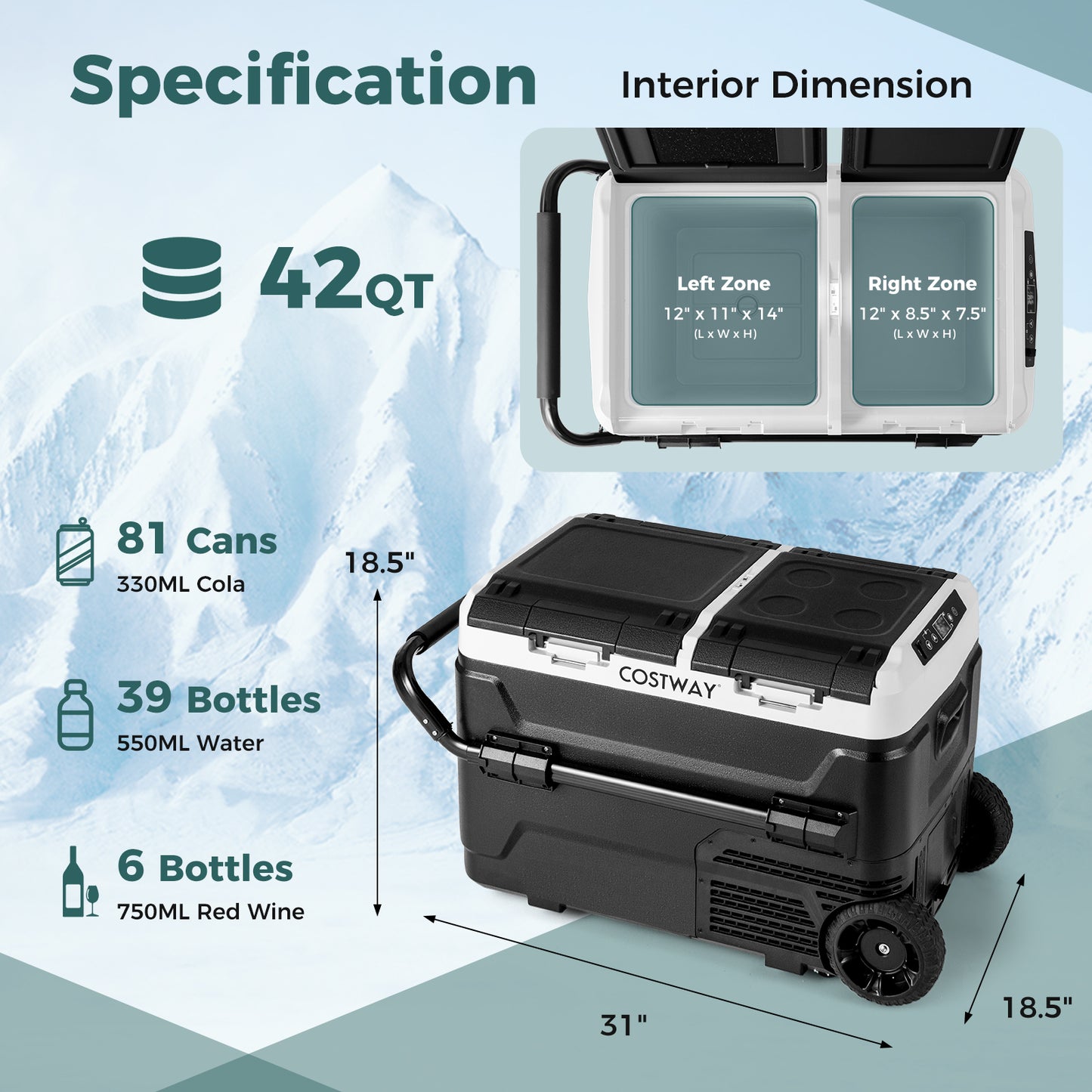 Dual Zone 12V 42QT Car Refrigerator, Black