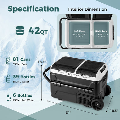 Dual Zone 12V 42QT Car Refrigerator, Black