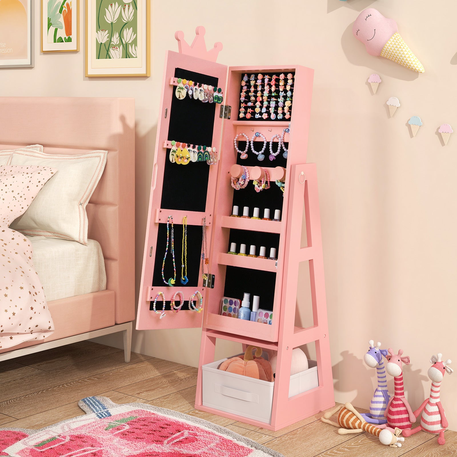Free-Standing Full Length Kids Jewelry Armoire Cabinet with Storage Capacity, Pink Kids Vanities at Gallery Canada