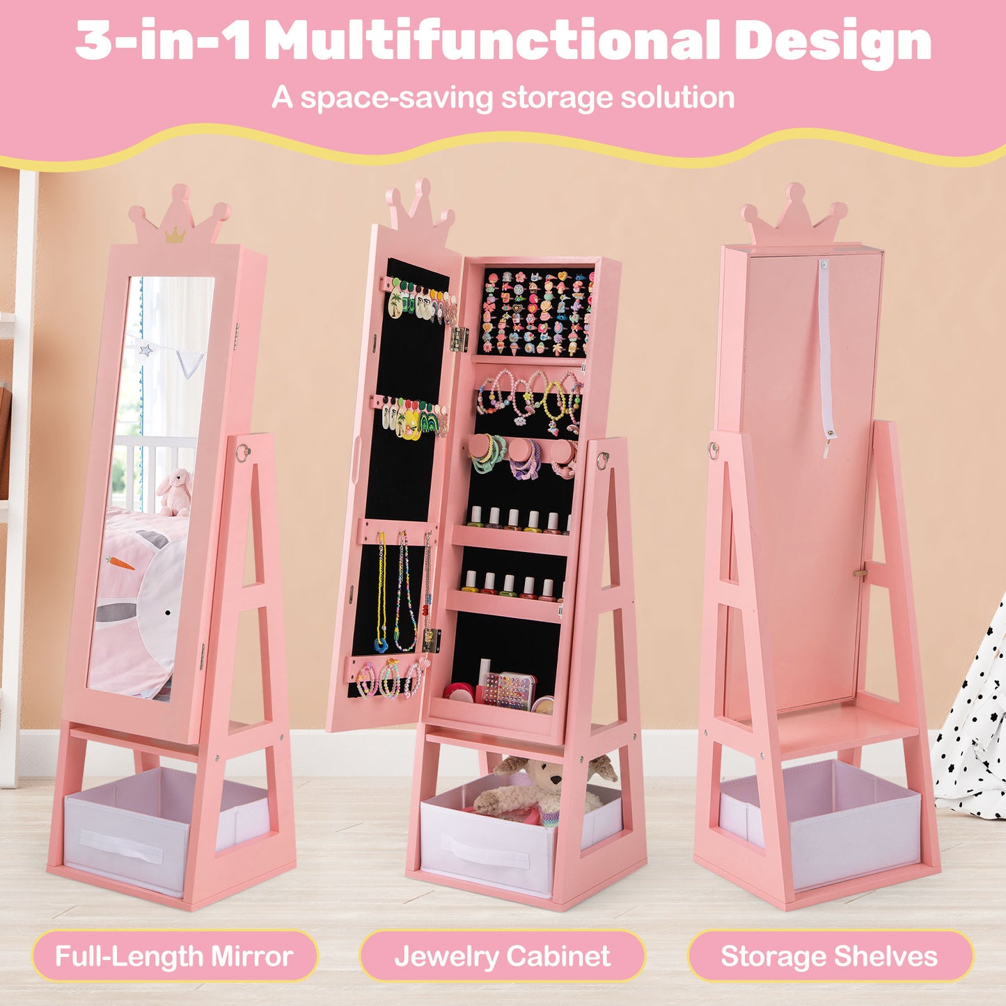 Free-Standing Full Length Kids Jewelry Armoire Cabinet with Storage Capacity, Pink Kids Vanities at Gallery Canada