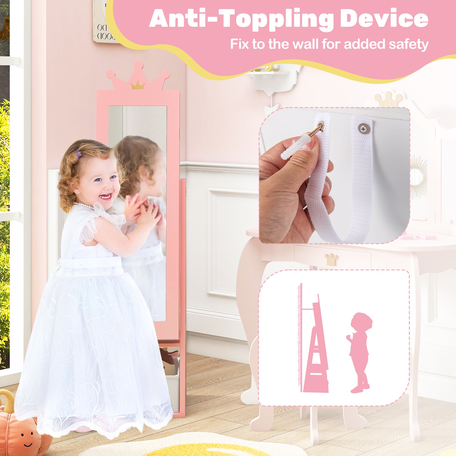 Free-Standing Full Length Kids Jewelry Armoire Cabinet with Storage Capacity, Pink Kids Vanities at Gallery Canada