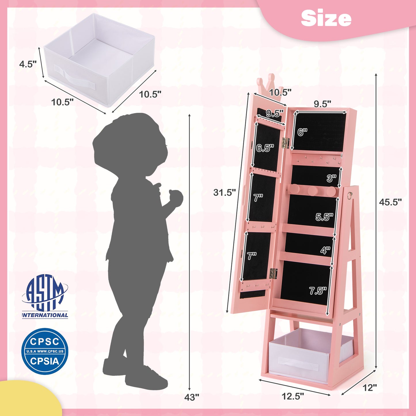 Free-Standing Full Length Kids Jewelry Armoire Cabinet with Storage Capacity, Pink Kids Vanities at Gallery Canada