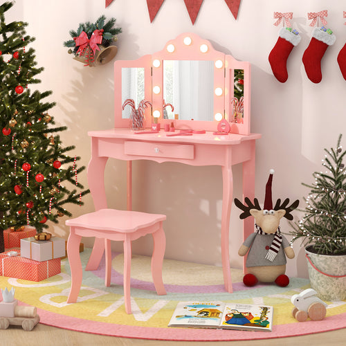 Kid Vanity Table Stool Set with Tri-Folding Mirror and 3-Color LED Lights, Pink