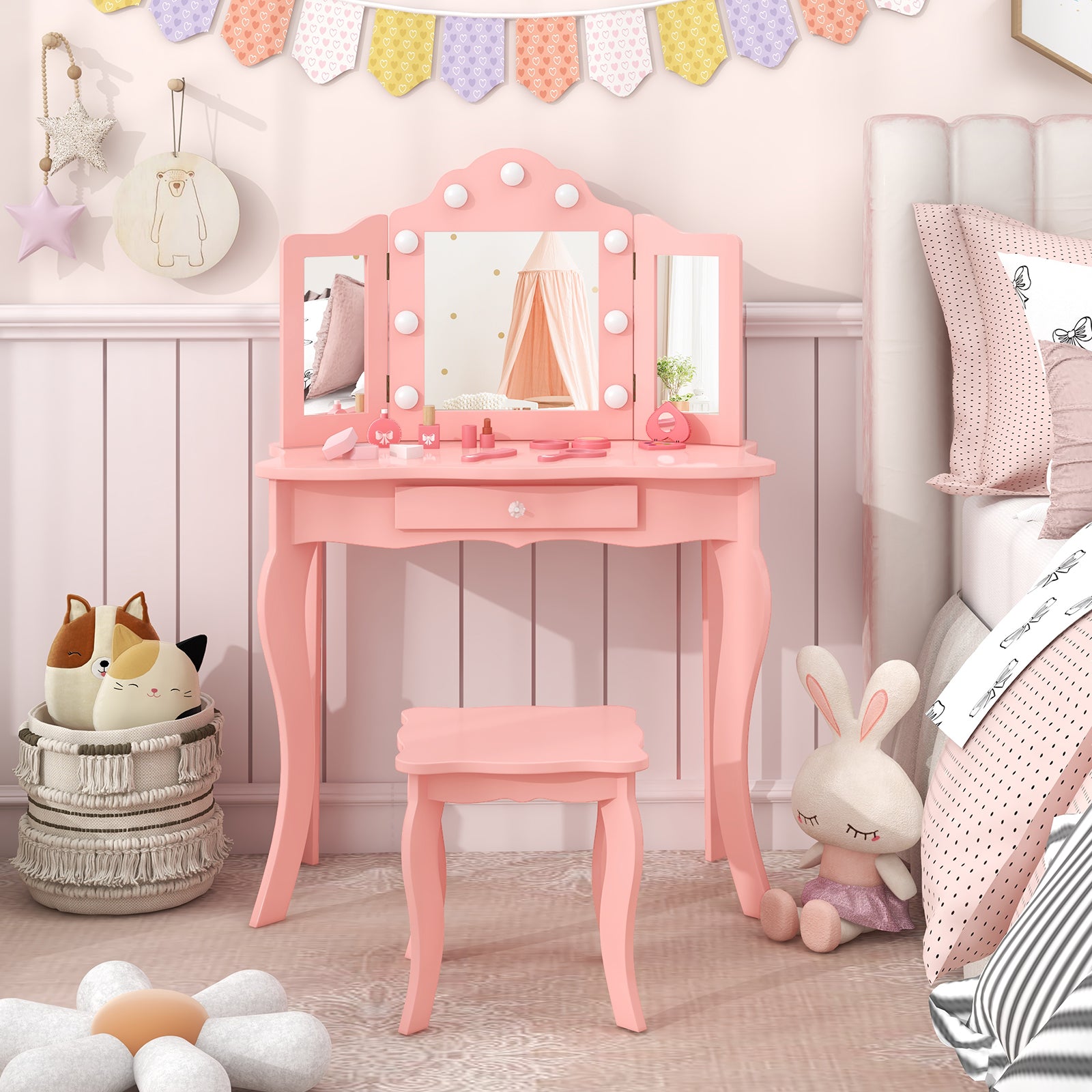 Kid Vanity Table Stool Set with Tri-Folding Mirror and 3-Color LED Lights, Pink Kids Vanities at Gallery Canada