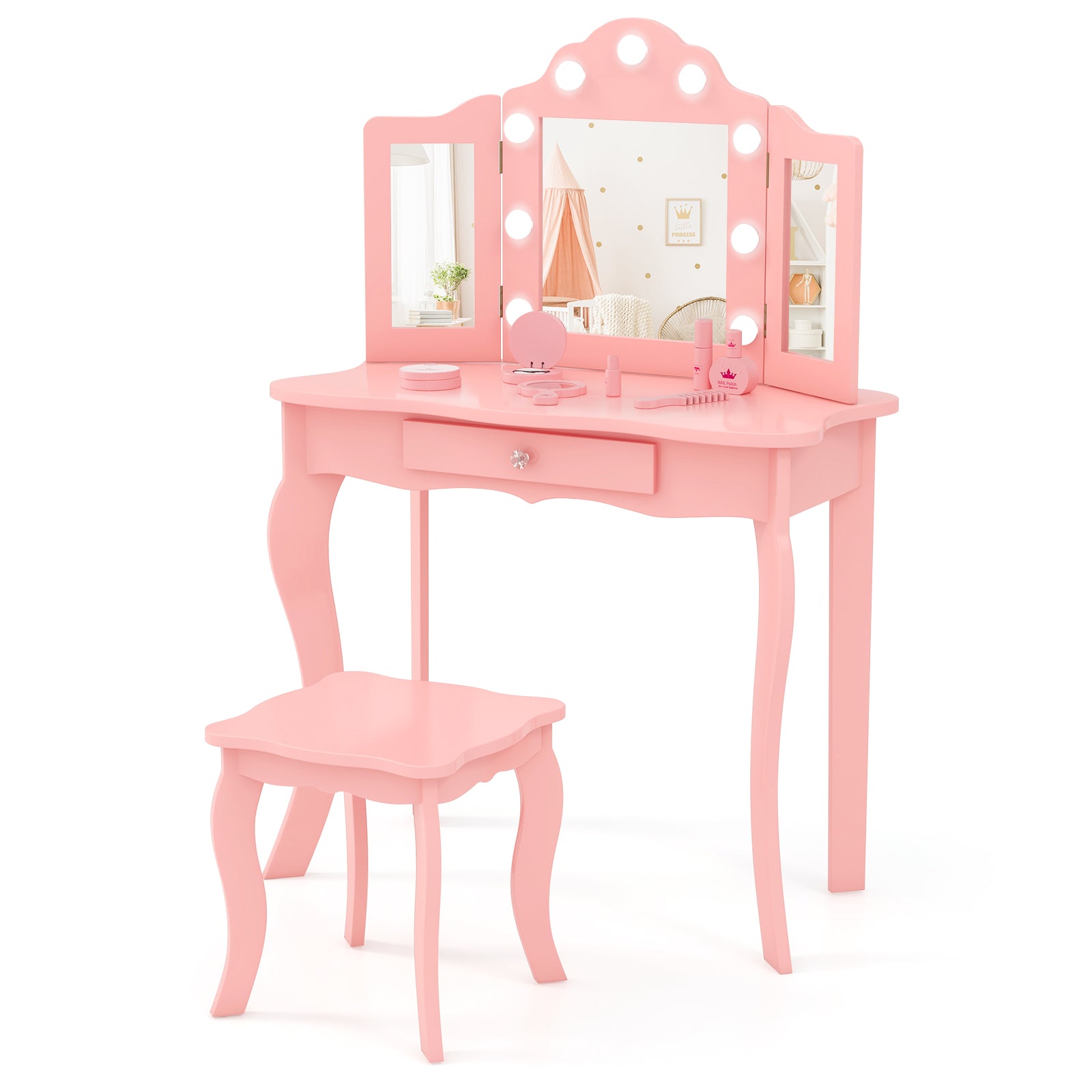 Kid Vanity Table Stool Set with Tri-Folding Mirror and 3-Color LED Lights, Pink Kids Vanities at Gallery Canada