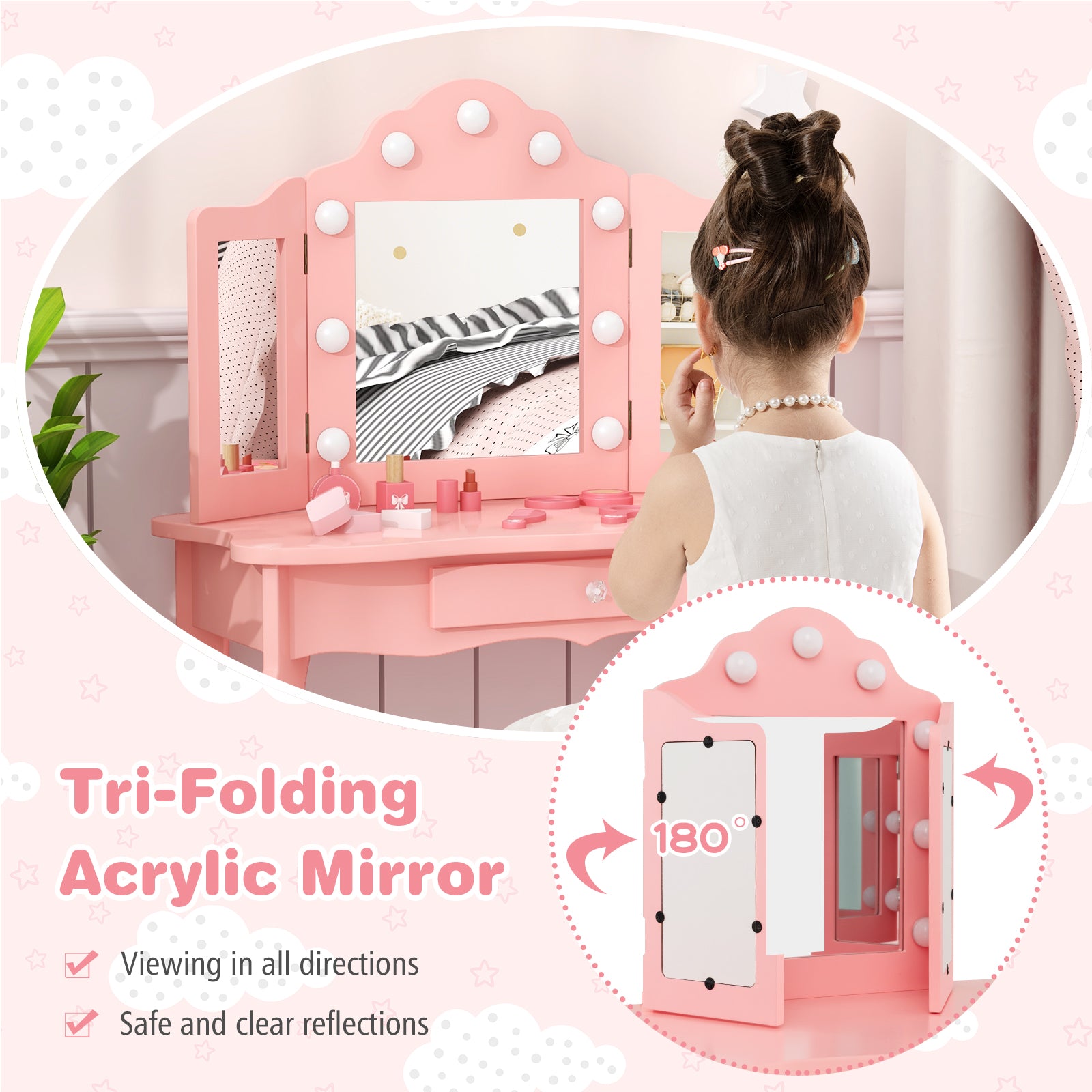 Kid Vanity Table Stool Set with Tri-Folding Mirror and 3-Color LED Lights, Pink Kids Vanities at Gallery Canada