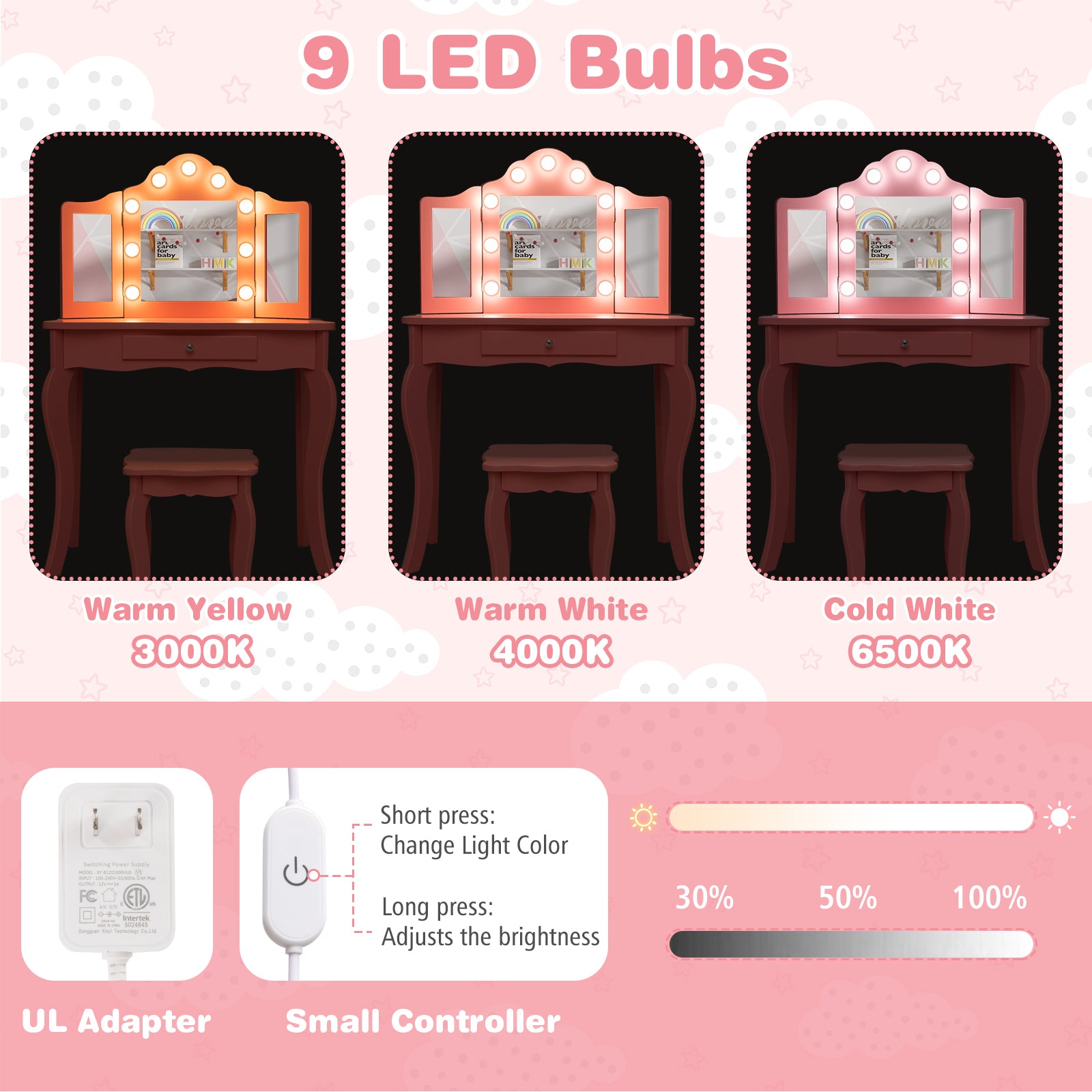 Kid Vanity Table Stool Set with Tri-Folding Mirror and 3-Color LED Lights, Pink Kids Vanities at Gallery Canada