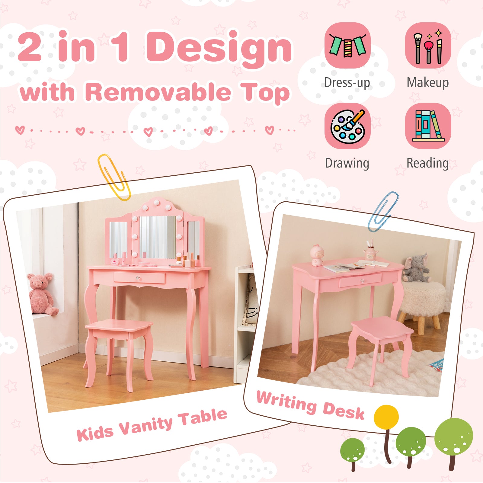 Kid Vanity Table Stool Set with Tri-Folding Mirror and 3-Color LED Lights, Pink Kids Vanities at Gallery Canada