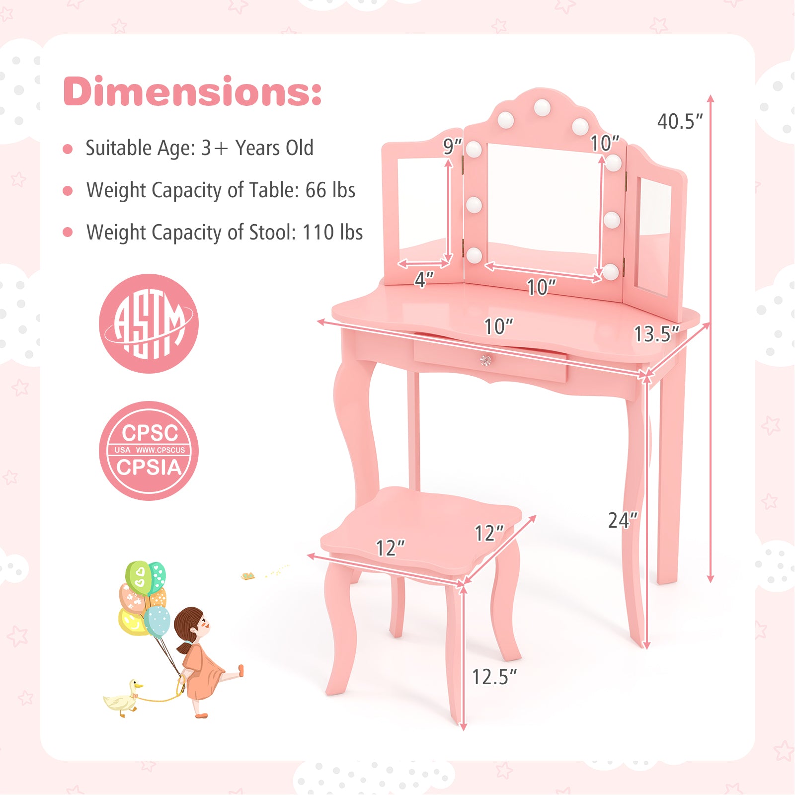 Kid Vanity Table Stool Set with Tri-Folding Mirror and 3-Color LED Lights, Pink Kids Vanities at Gallery Canada