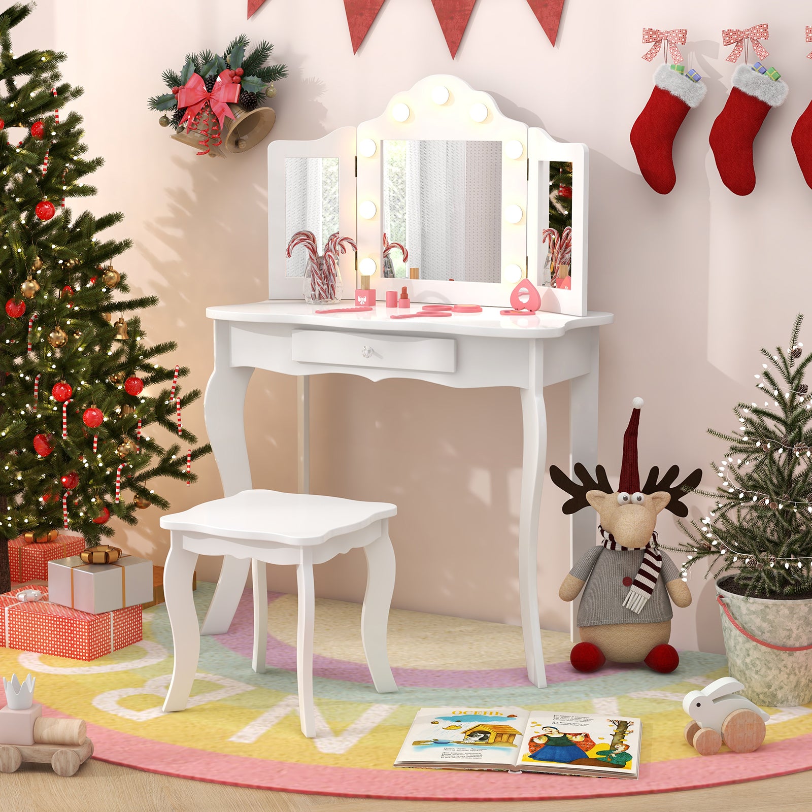 Kid Vanity Table Stool Set with Tri-Folding Mirror and 3-Color LED Lights, White Kids Vanities at Gallery Canada