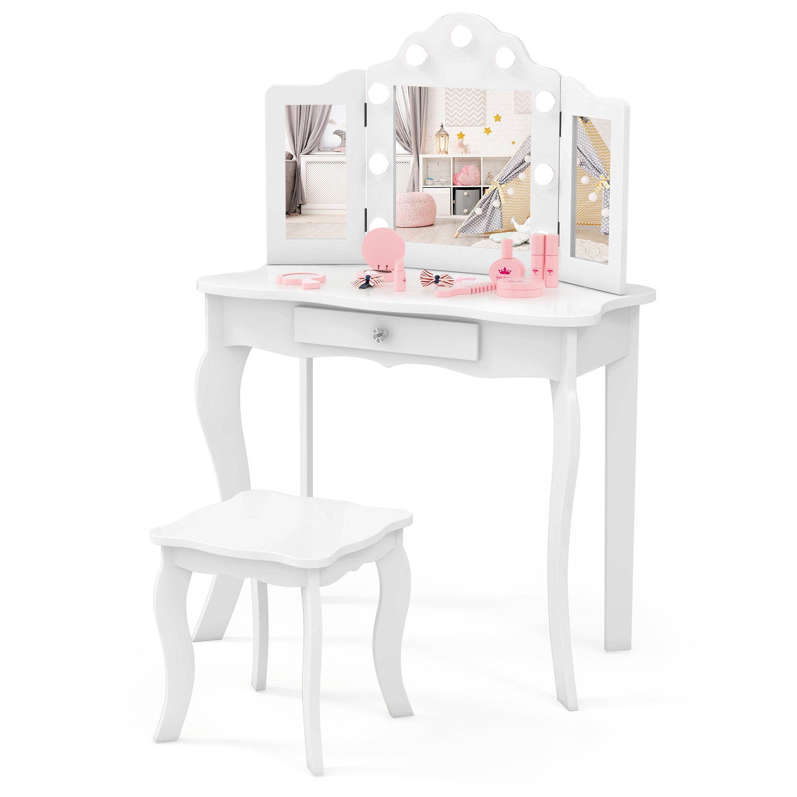 Kid Vanity Table Stool Set with Tri-Folding Mirror and 3-Color LED Lights, White Kids Vanities at Gallery Canada