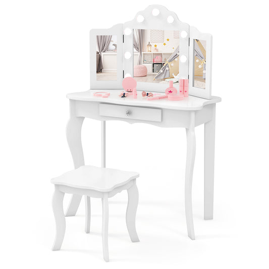 Kid Vanity Table Stool Set, Tri-Folding Mirror, 3-Color LED Lights, White Kids Vanities White at Gallery Canada