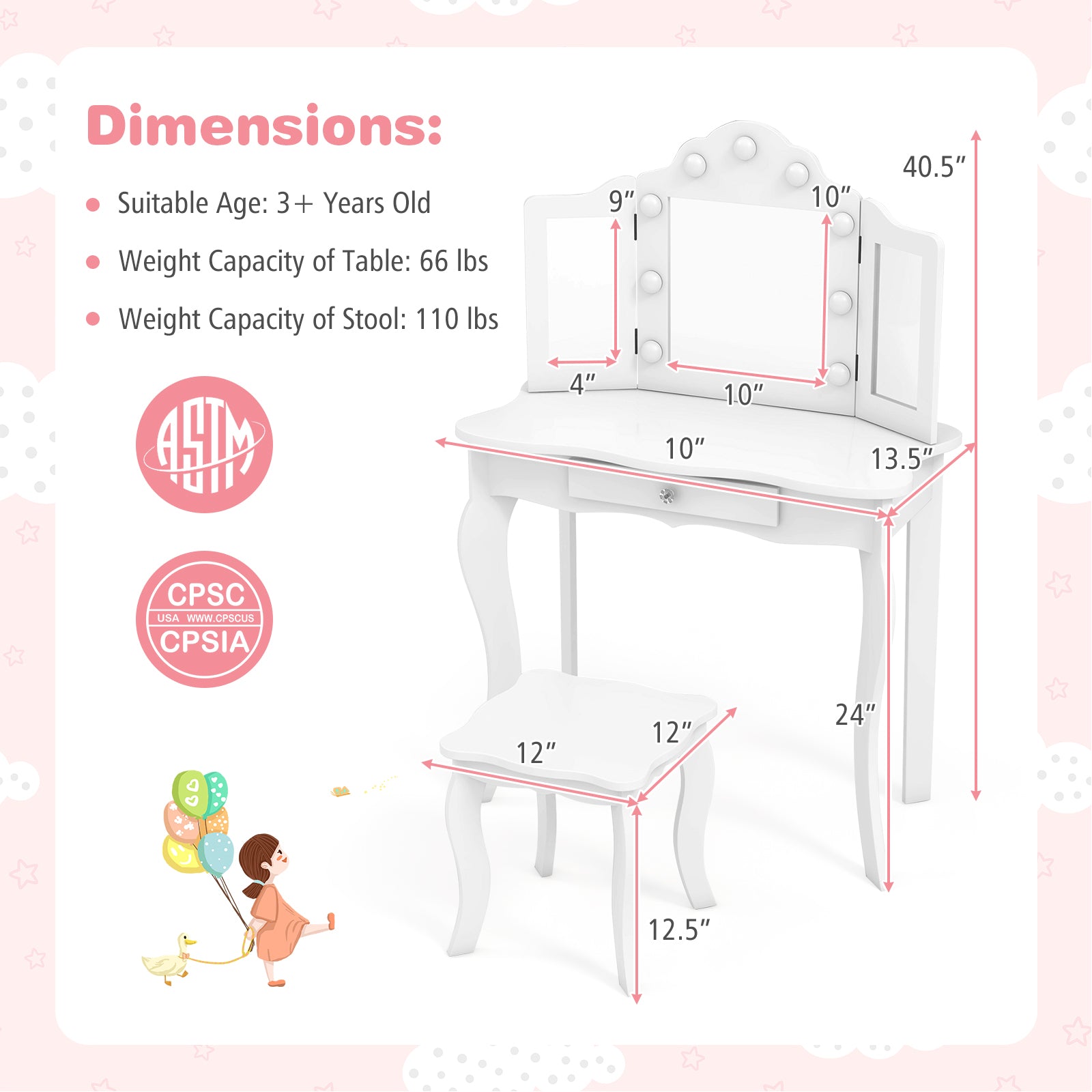 Kid Vanity Table Stool Set with Tri-Folding Mirror and 3-Color LED Lights, White Kids Vanities at Gallery Canada