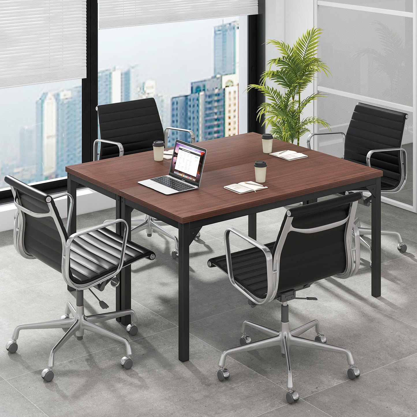 55 Inch Conference Table with Heavy-duty Metal Frame, Brown Writing Desks at Gallery Canada