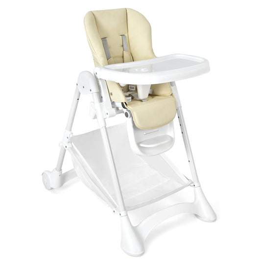Baby Convertible Folding Adjustable High Chair with Wheel Tray Storage Basket, Beige High Chairs Beige at Gallery Canada