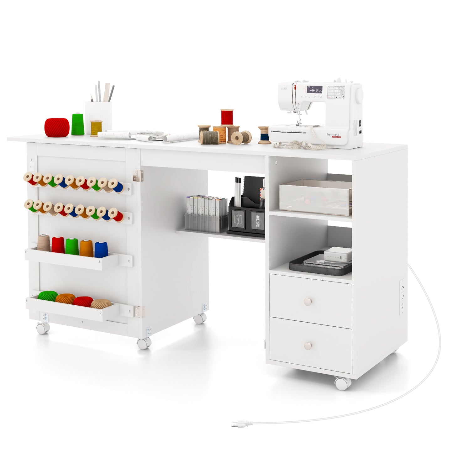 Folding Sewing Table with Charging Station and Storage Shelves, White Sewing Tables at Gallery Canada