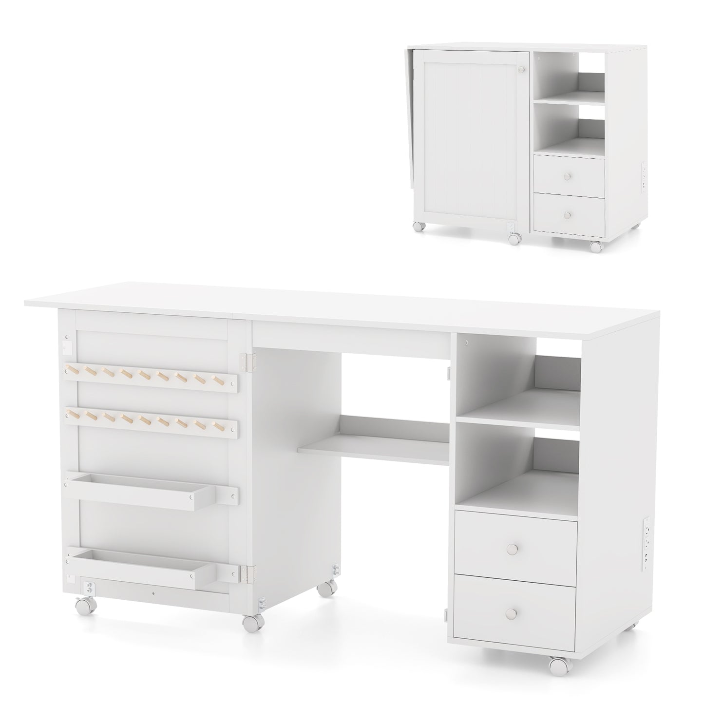Folding Sewing Table with Charging Station and Storage Shelves, White Sewing Tables at Gallery Canada
