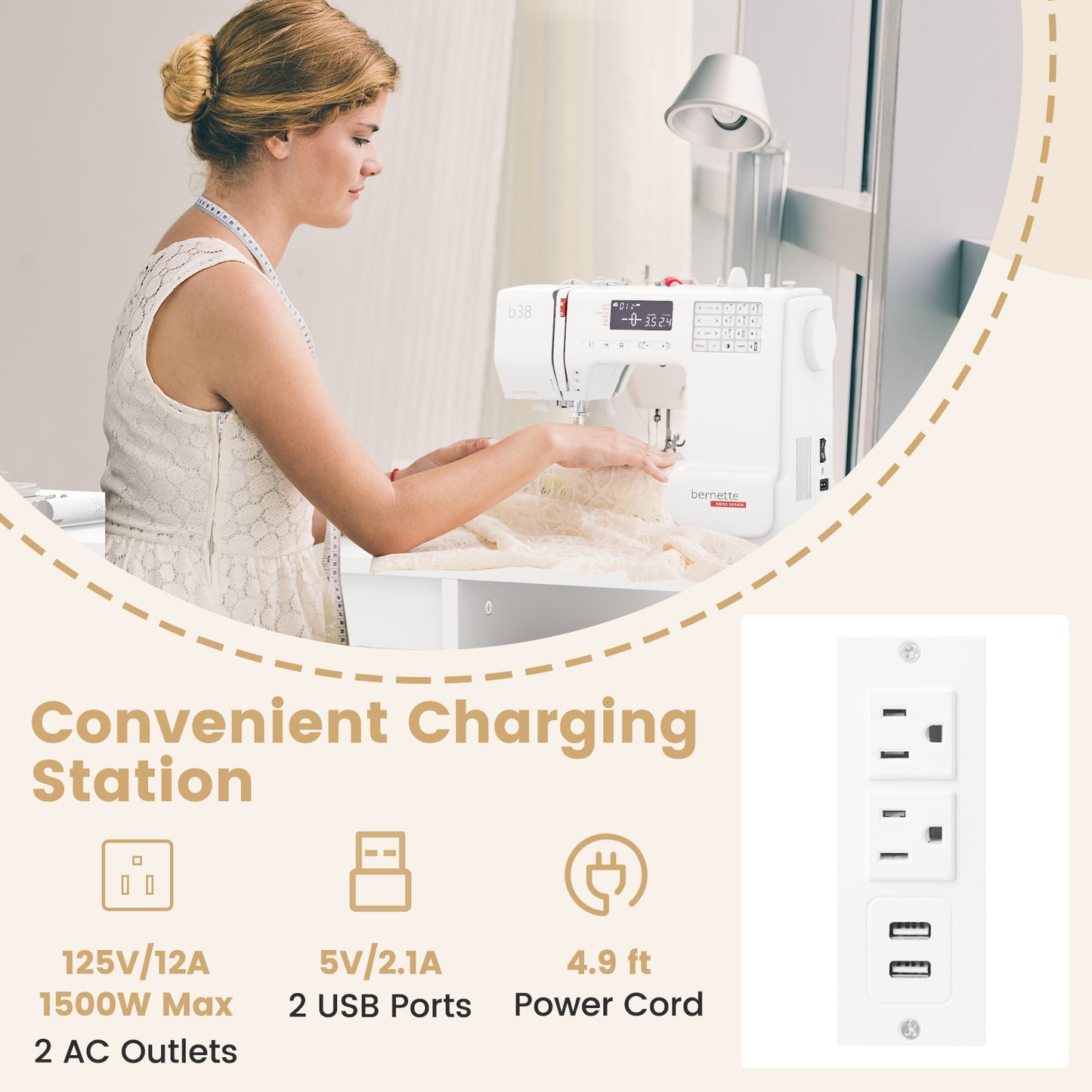 Folding Sewing Table with Charging Station and Storage Shelves, White Sewing Tables at Gallery Canada