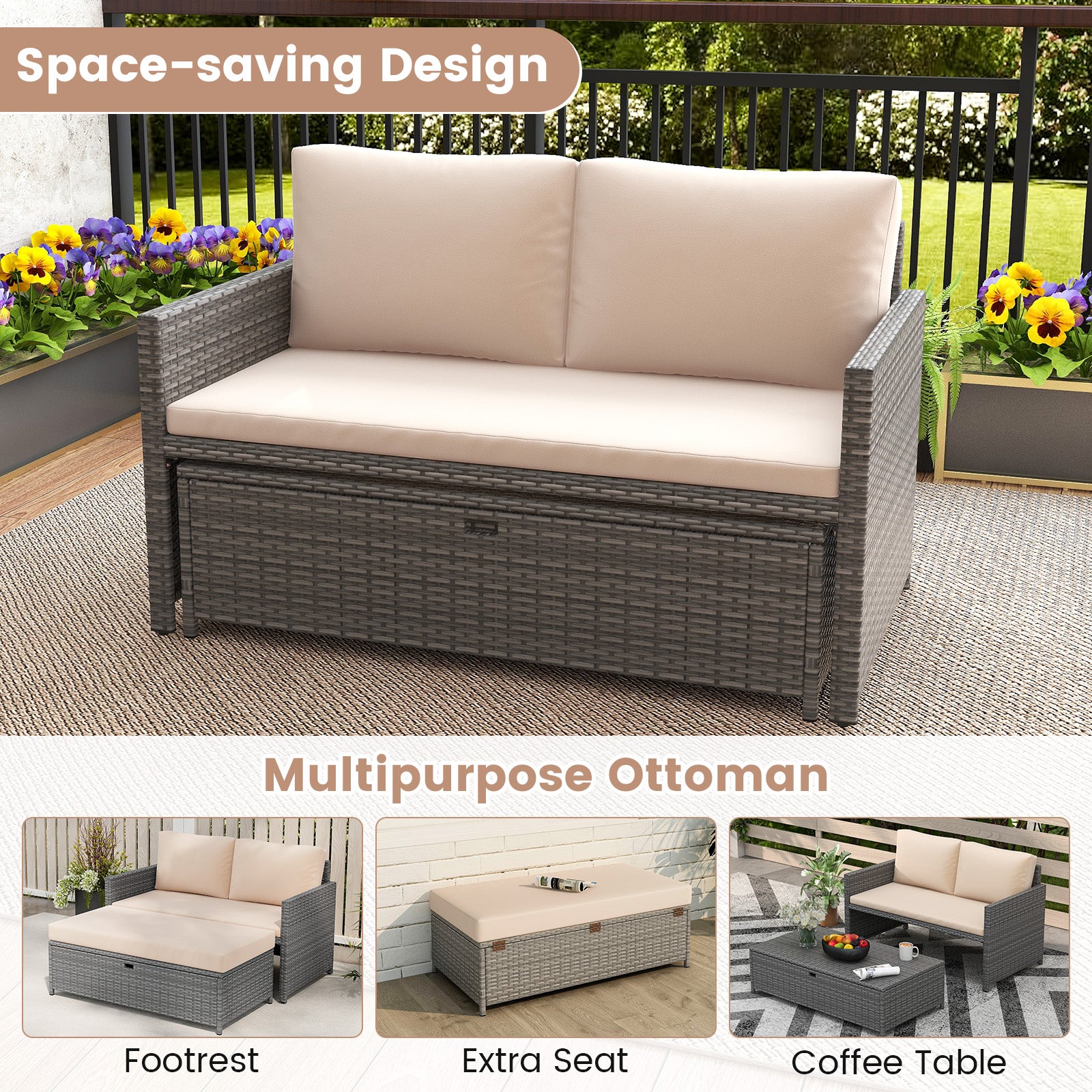 Outdoor Rattan Daybed Wicker Loveseat and 31 Gallon Storage Ottoman, Brown Outdoor Sectionals at Gallery Canada