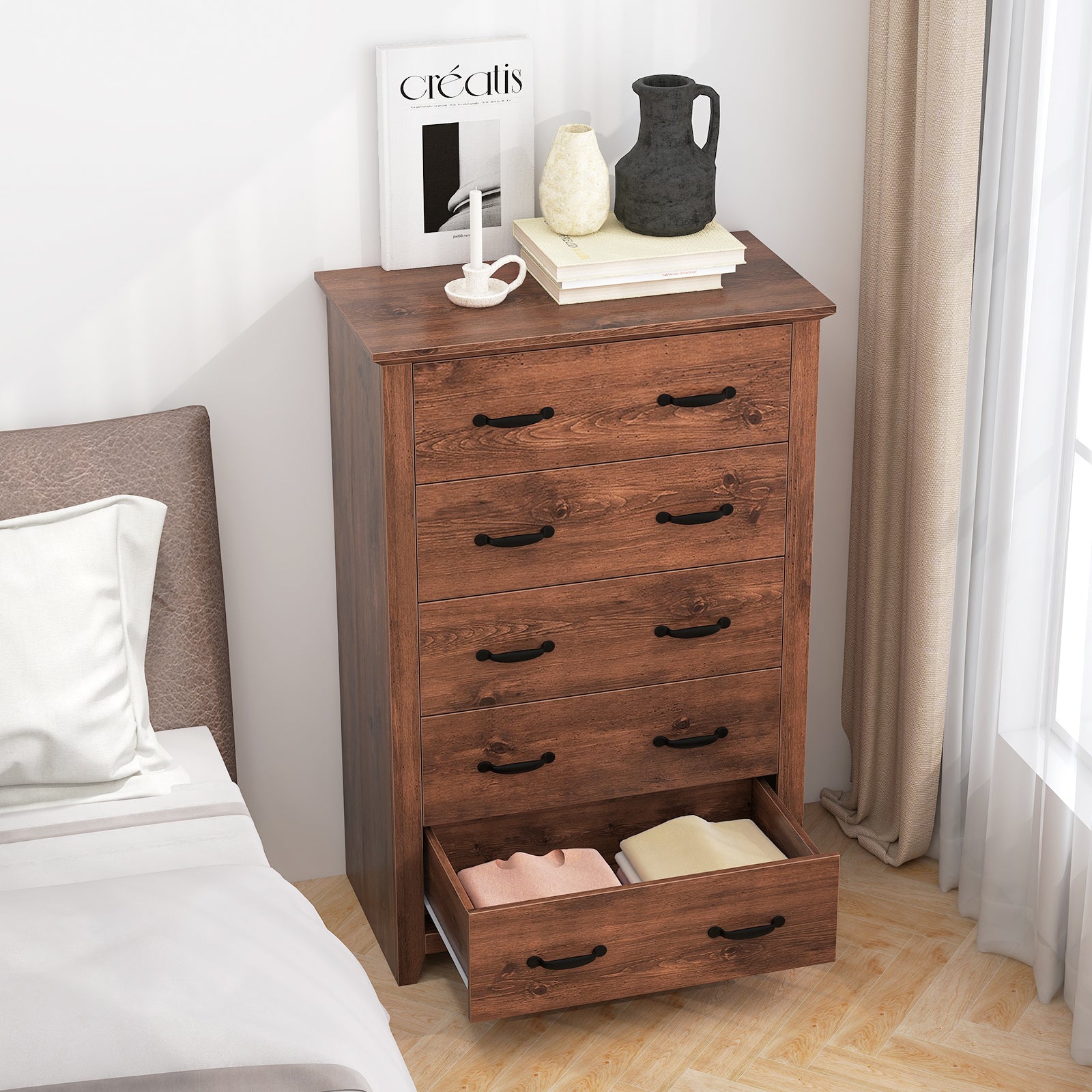 Tall Storage Dresser with 5 Pull-out Drawers for Bedroom Living Room, Walnut Dressers & Chests at Gallery Canada