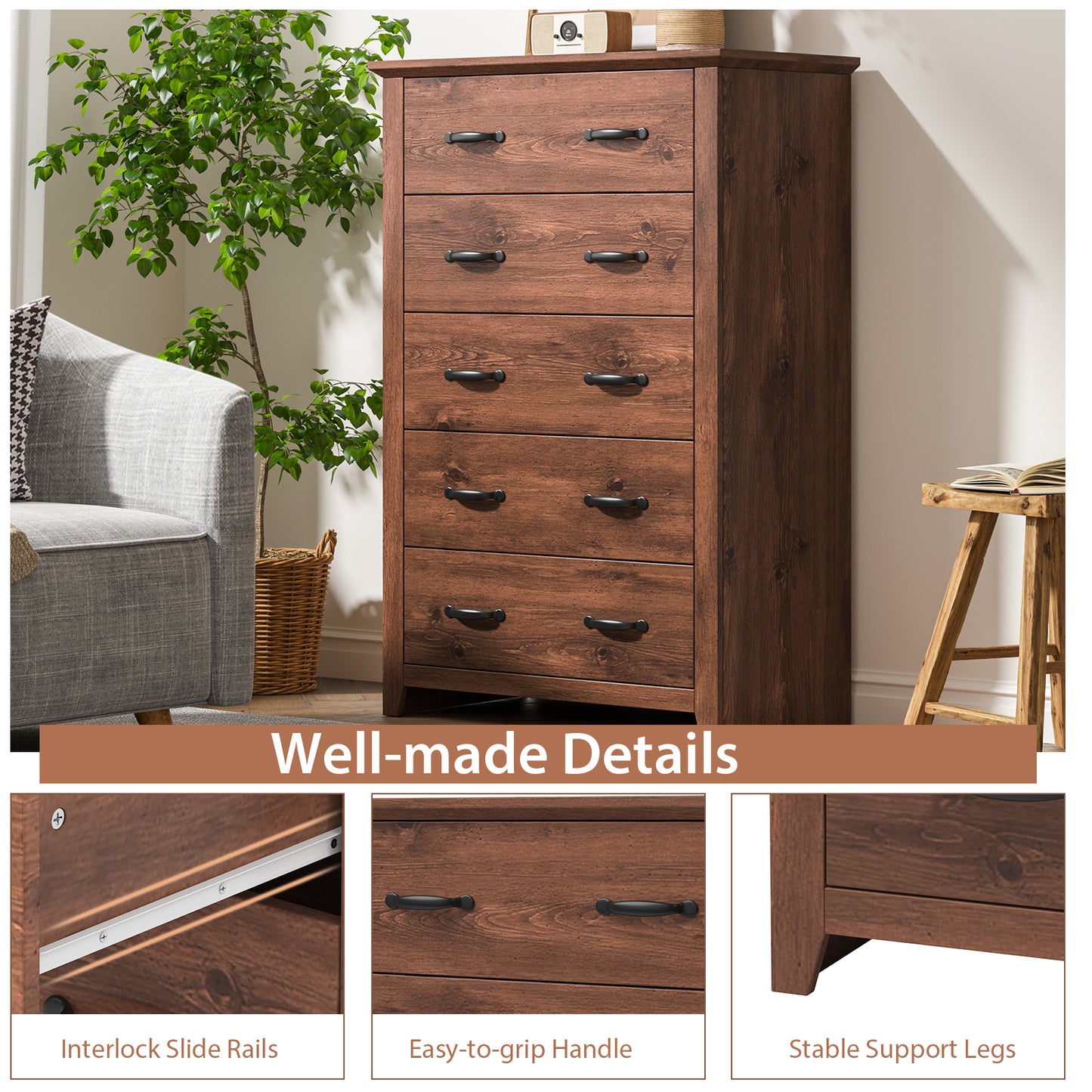 Tall Storage Dresser with 5 Pull-out Drawers for Bedroom Living Room, Walnut Dressers & Chests at Gallery Canada