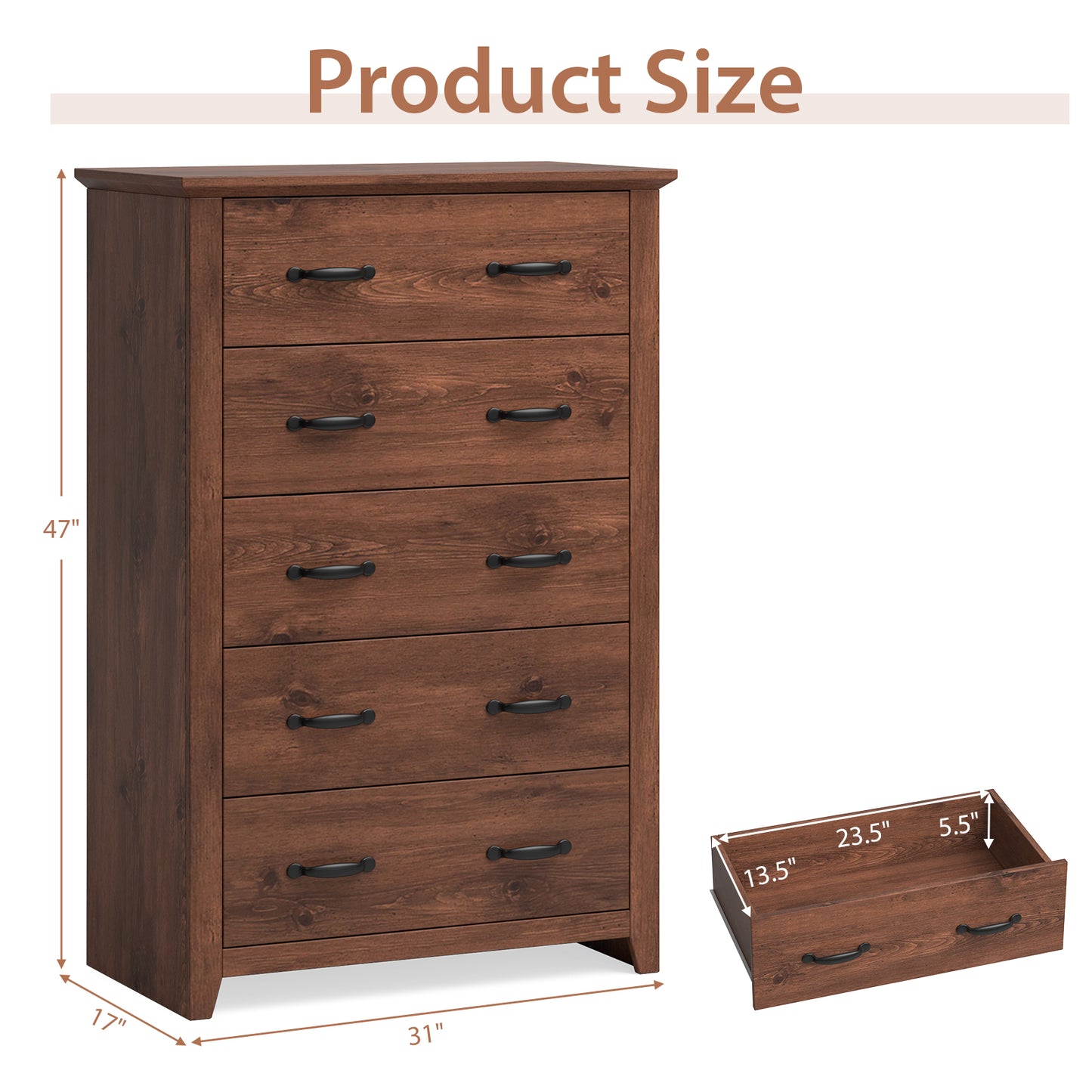 Tall Storage Dresser with 5 Pull-out Drawers for Bedroom Living Room, Walnut Dressers & Chests at Gallery Canada