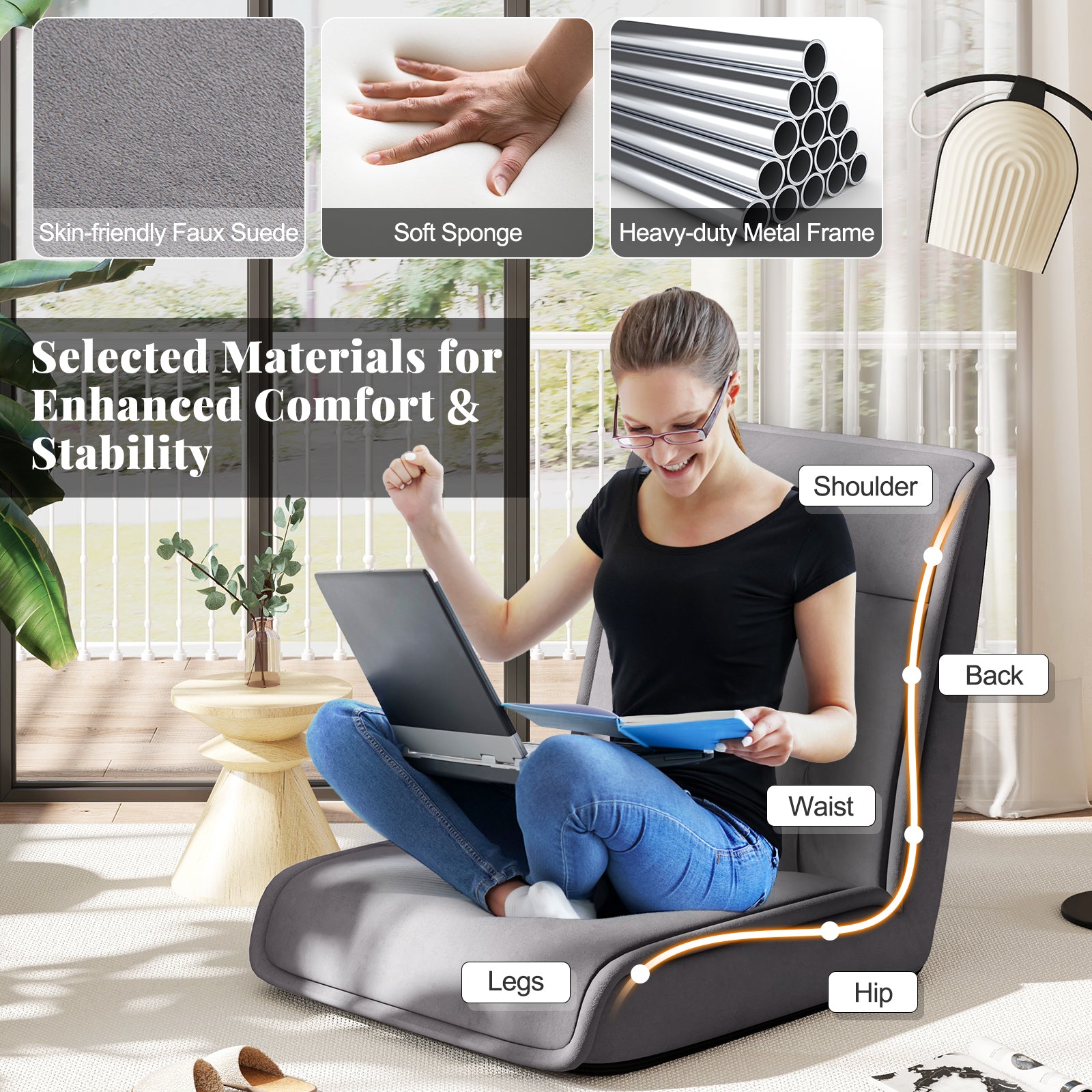 Folding Floor Chair Convertible Lazy Chair with 14-Poistion Adjustable Backrest, Gray Floor Chairs at Gallery Canada