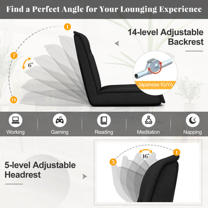 Folding Floor Chair Convertible Lazy Chair with 14-Poistion Adjustable Backrest, Black Floor Chairs at Gallery Canada