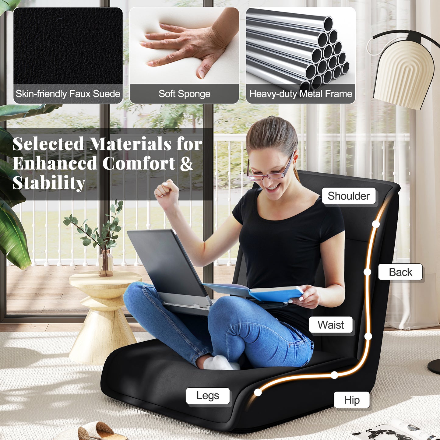 Folding Floor Chair Convertible Lazy Chair with 14-Poistion Adjustable Backrest, Black Floor Chairs at Gallery Canada