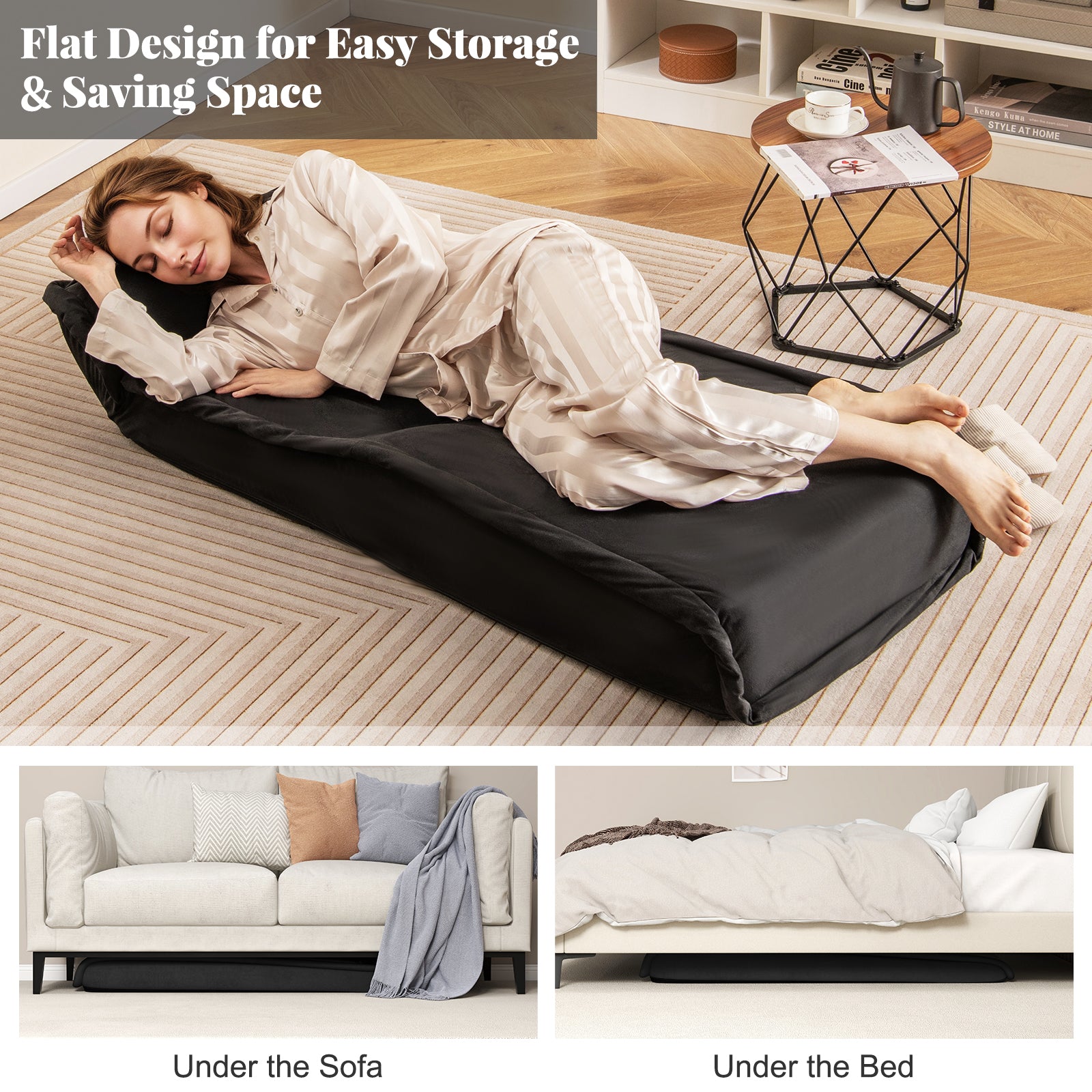 Folding Floor Chair Convertible Lazy Chair with 14-Poistion Adjustable Backrest, Black Floor Chairs at Gallery Canada