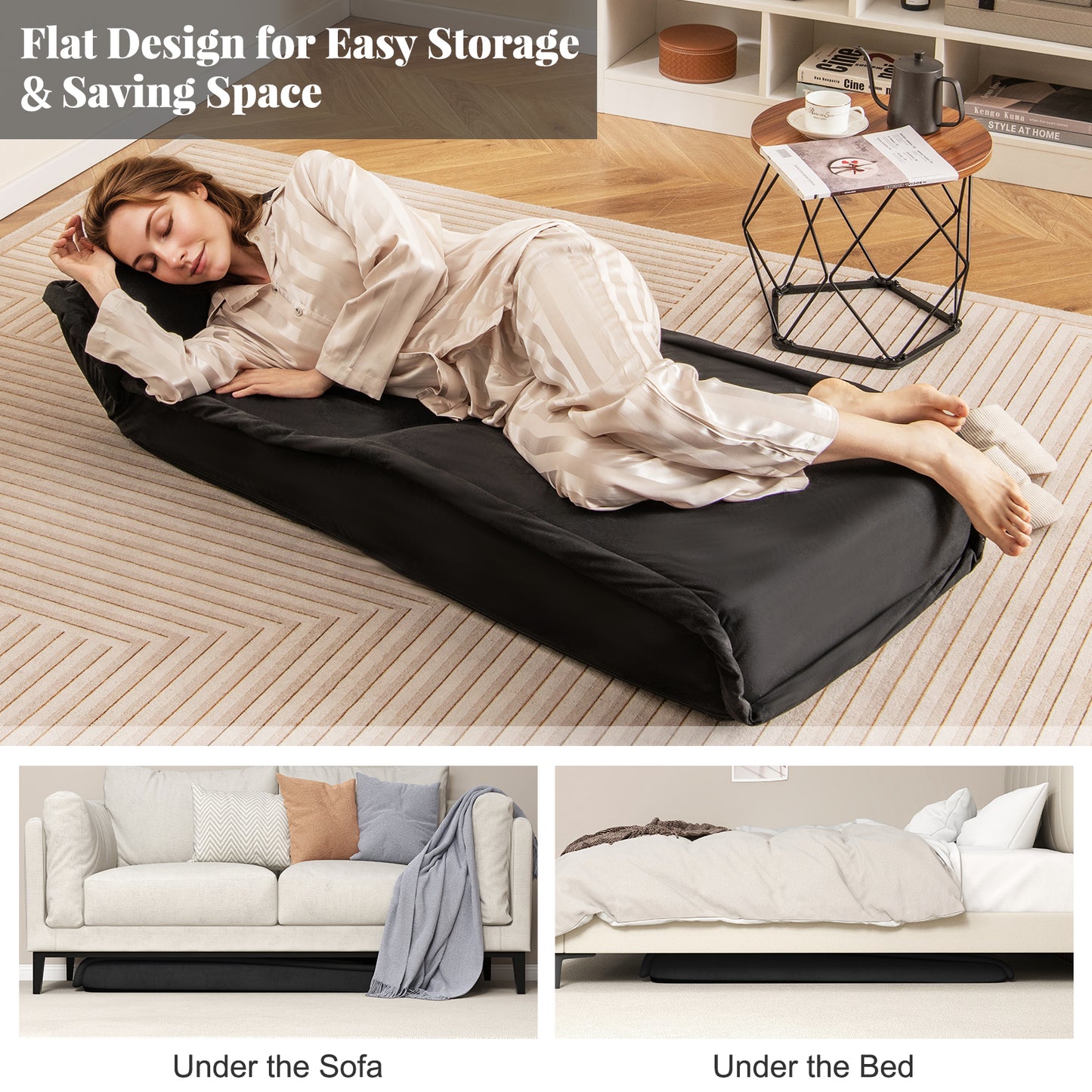 Folding Floor Chair Convertible Lazy Chair with 14-Poistion Adjustable Backrest, Black Floor Chairs at Gallery Canada